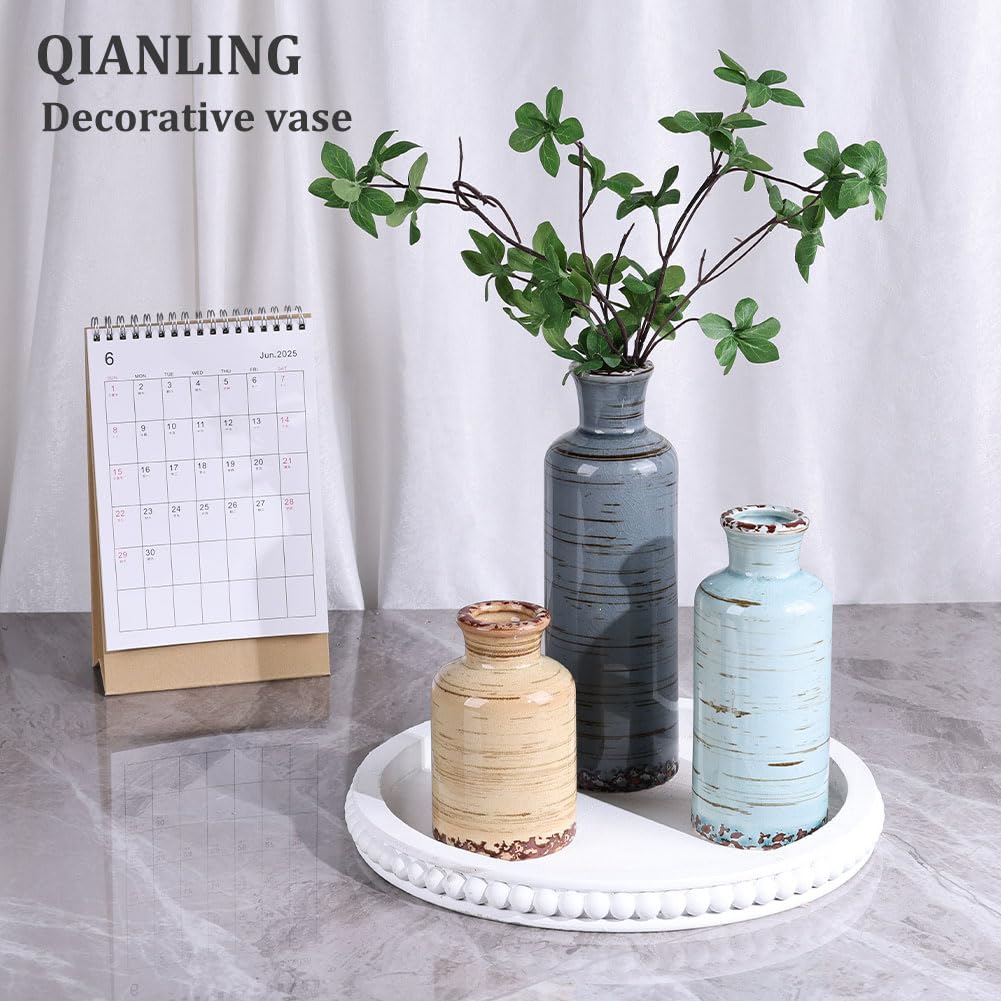 QIANLING Ceramic Vase Set - 3 Small Flower Vases Home Decor, Modern Rustic Farmhouse Pottery Vases for Centerpieces, Liv