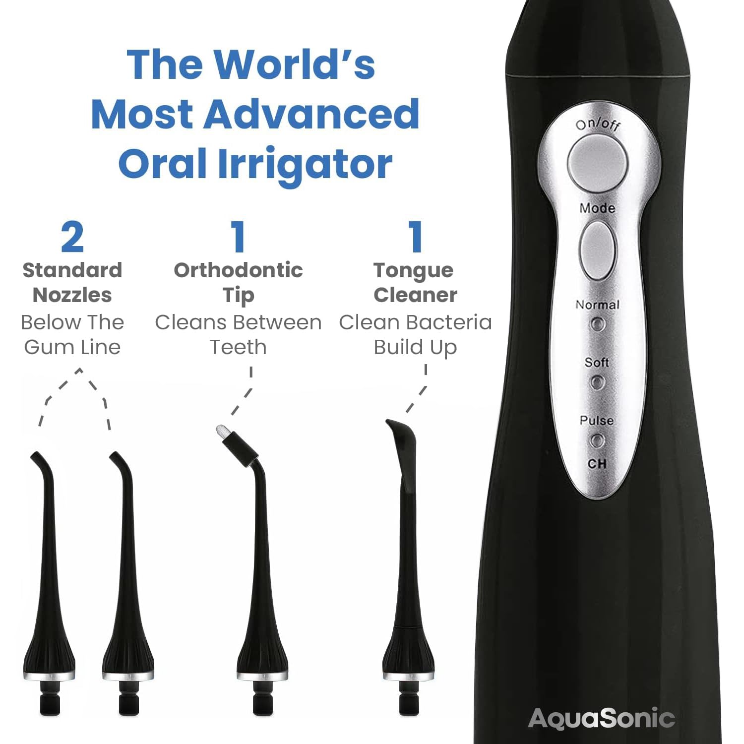 Aquasonic rechargeable oral irrigator with multiple tips, black finish, and various cleaning modes for complete family dental care.