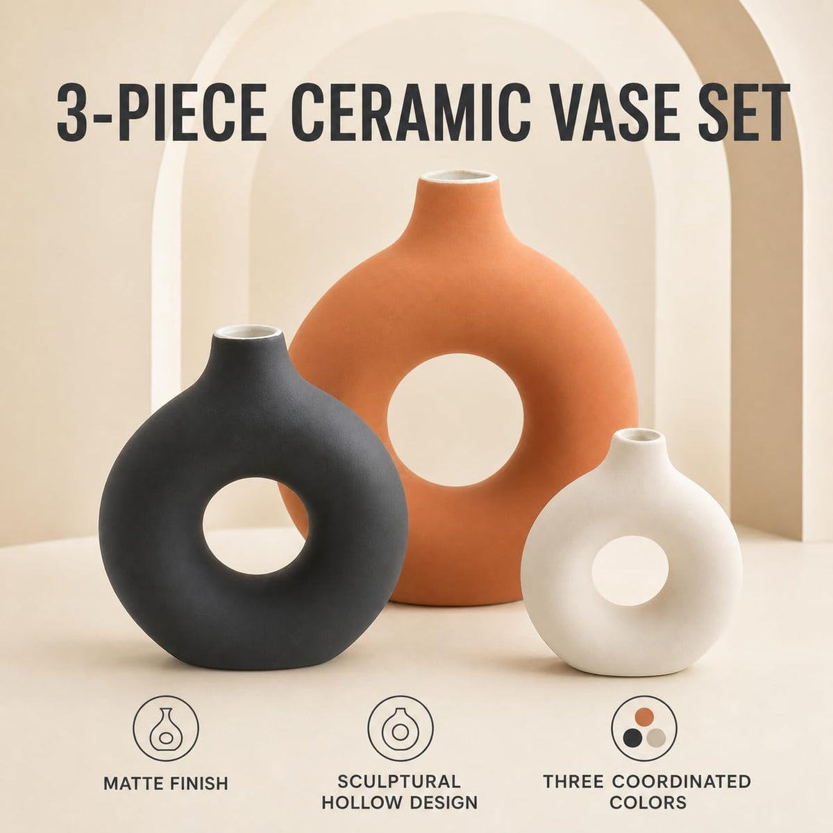 Querro Ceramic Vase Set of 3 - Modern Minimalist Matte Flower Vases for Home Decor, Donut-Shaped Table Centerpieces for 