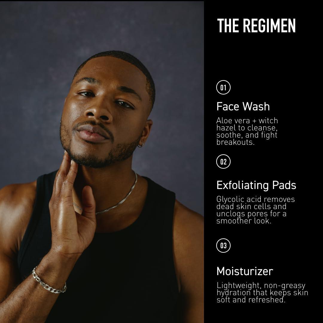 Bevel men's skin care set with face wash, gel, and exfoliating pads for cleansing and grooming.