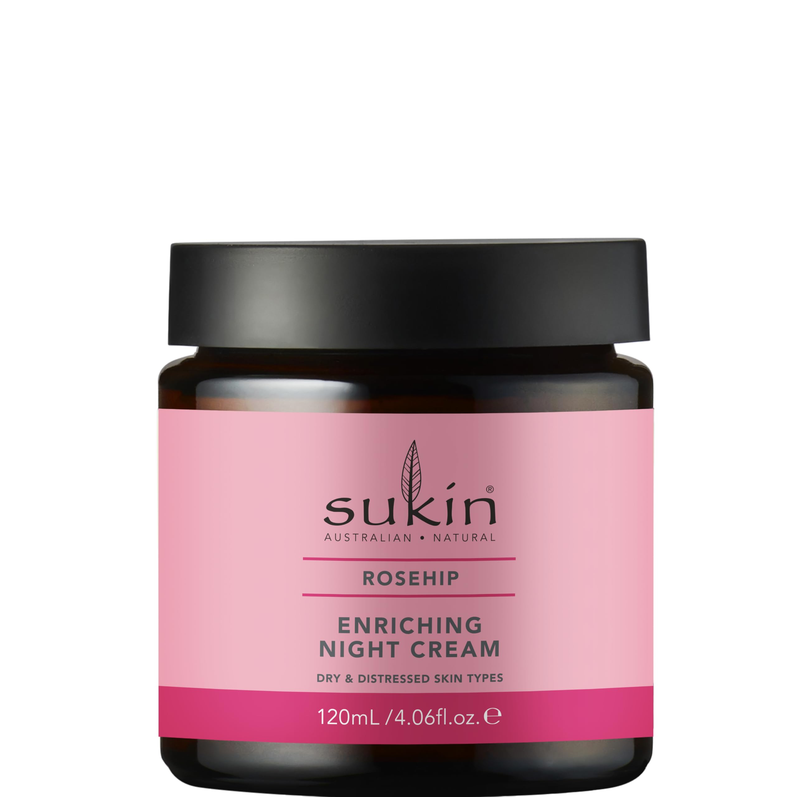 Sukin Rosehip Enriching Night Cream in a 4.06 oz jar, moisturizing skincare product with rosehip extract for glowing skin.