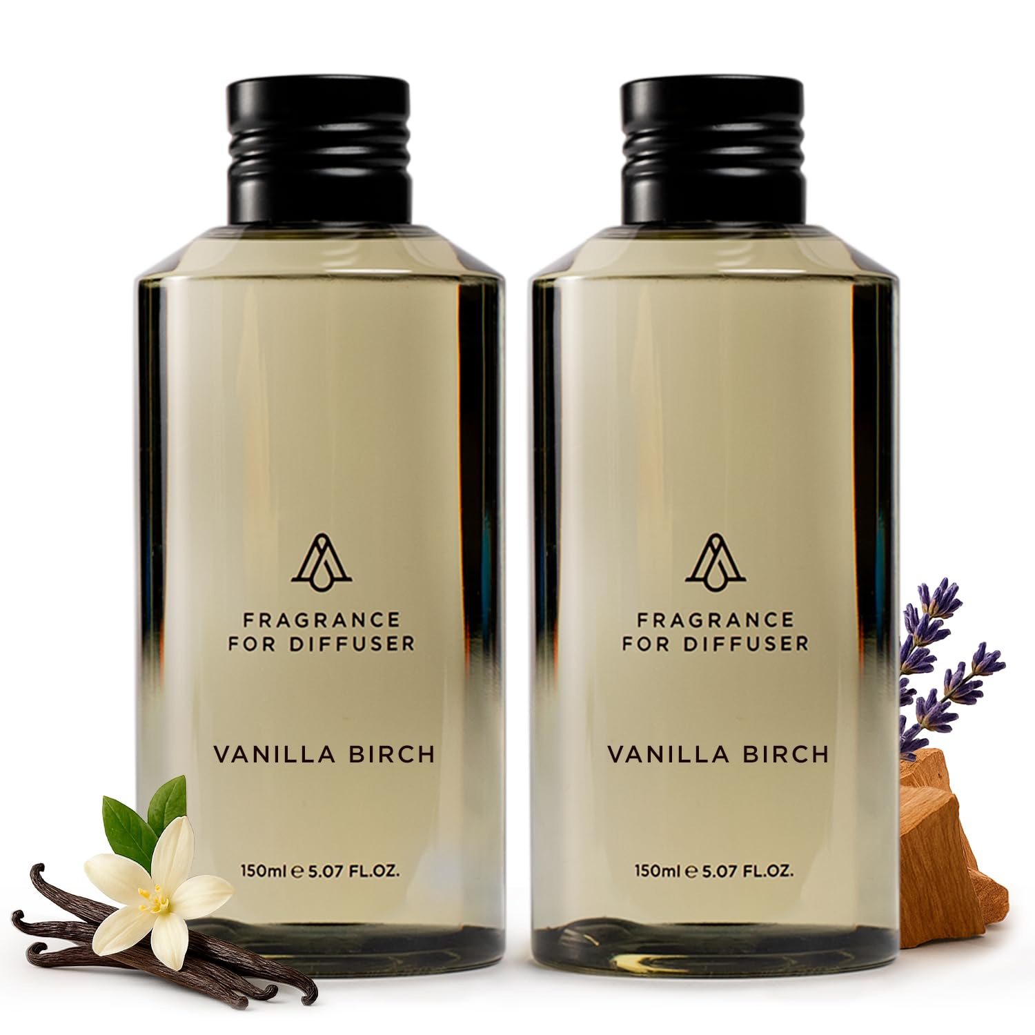 AromaPlan Vanilla Birch essential diffuser oils in a 5 oz 2-pack, featuring clear bottles with vanilla and birch scent labels.