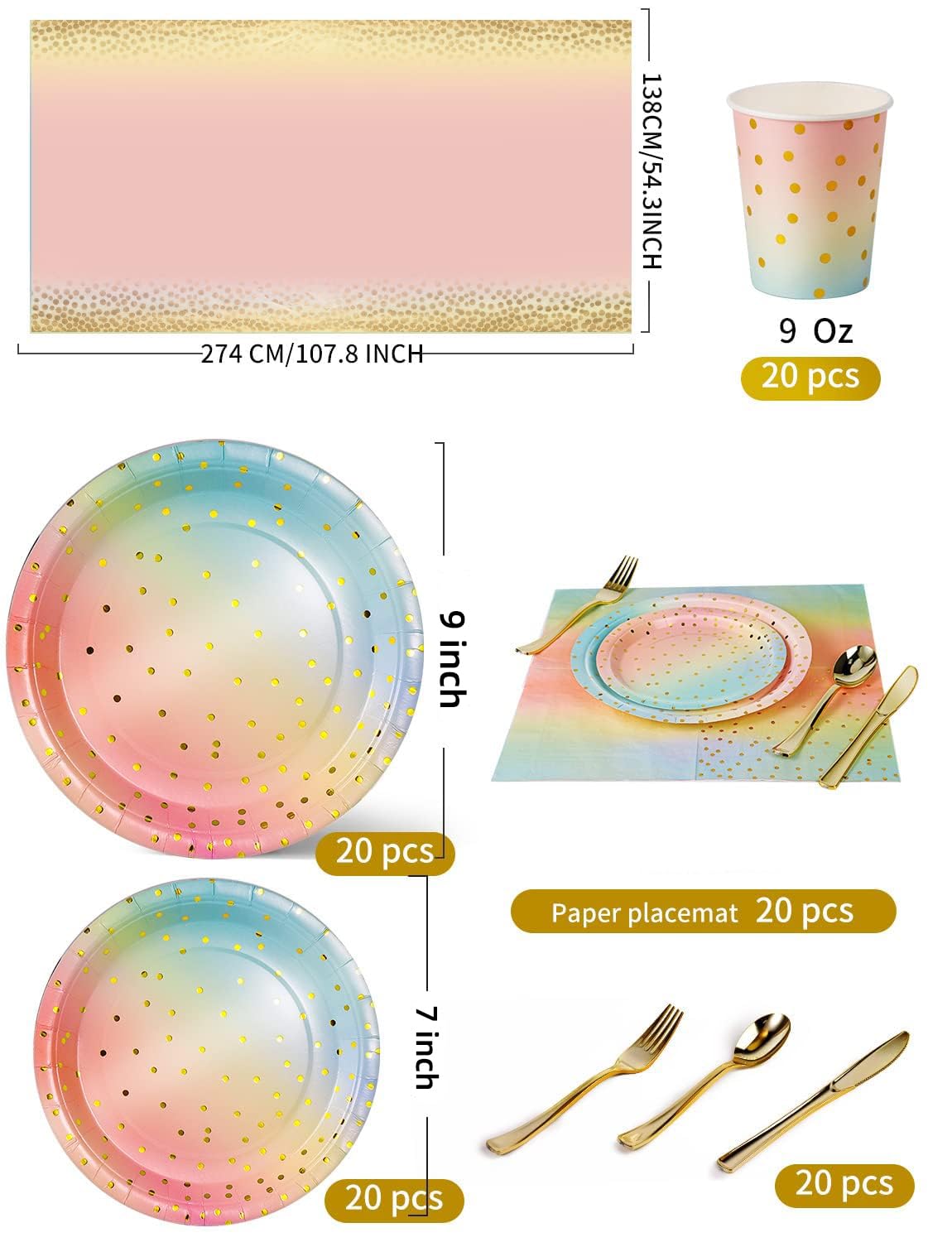 Nkaiso 141Pcs Rainbow Paper Plates and Napkins Party Supplies for20 – product photo (Party Packs)