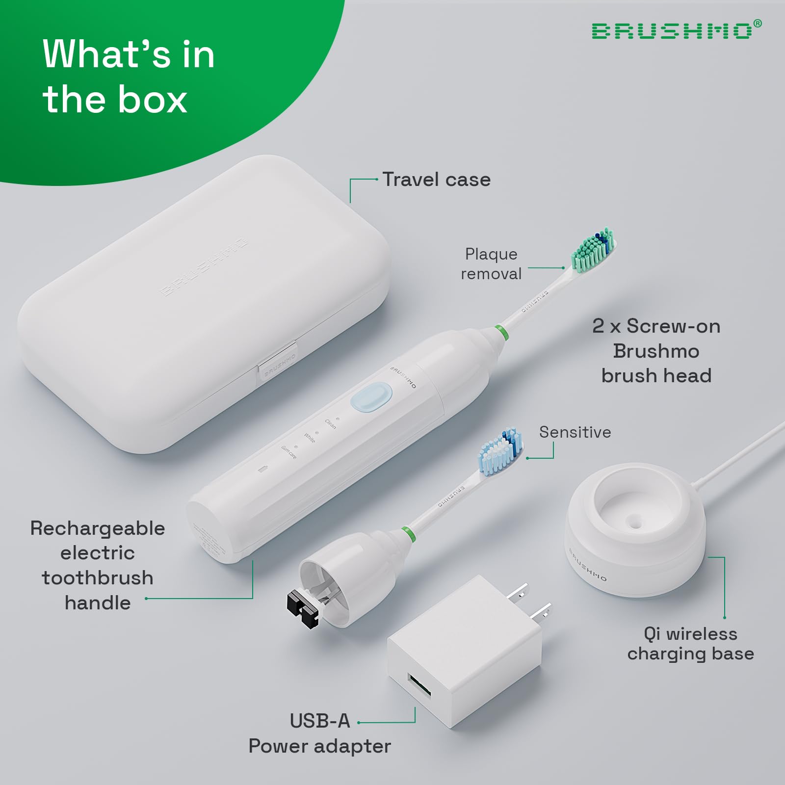Brushmo E-Series electric toothbrush head with white bristles, designed for sonic cleaning and compatible with rechargeable electric toothbrushes.