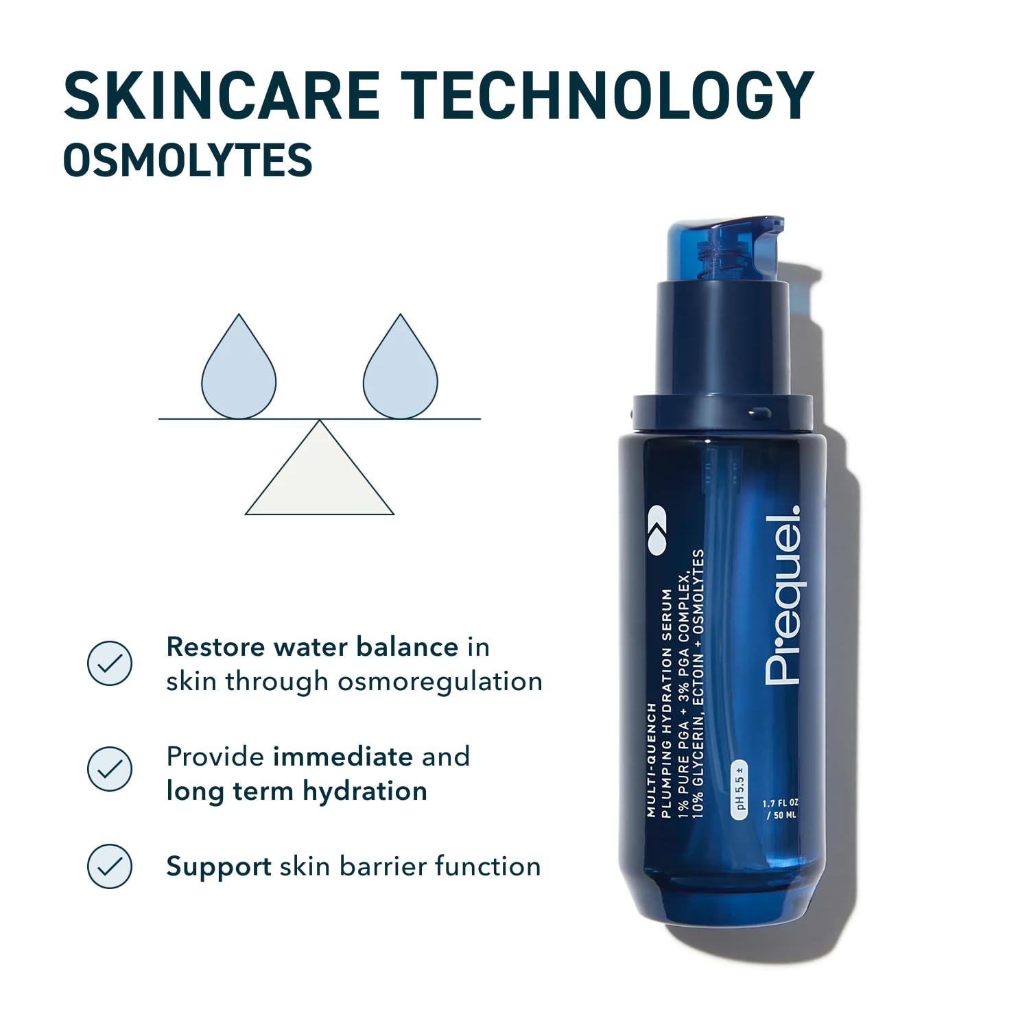 Prequel Multi Quench Hydration Skin Serum with PGA Complex for dry skin, featuring a clear glass bottle and dropper applicator.