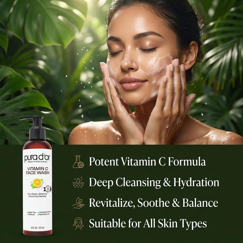 PURA D'OR Vitamin C Face Wash in an 8oz bottle, gentle daily facial cleanser, suitable for clean, refreshed skin.