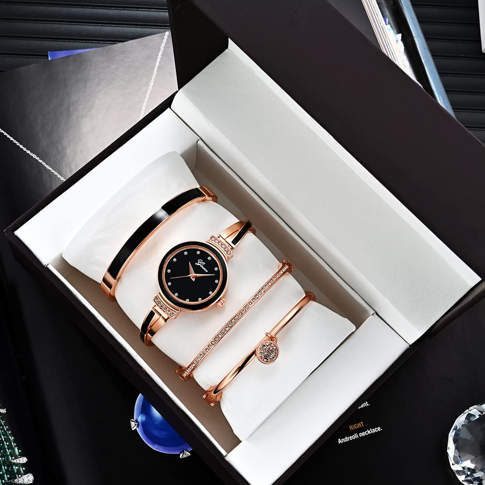 Avaner Bangle Watch and Bracelet Set, 4 Pcs Wrist Watch Bracelet Set Elegante Watch for Women – Rose Gold