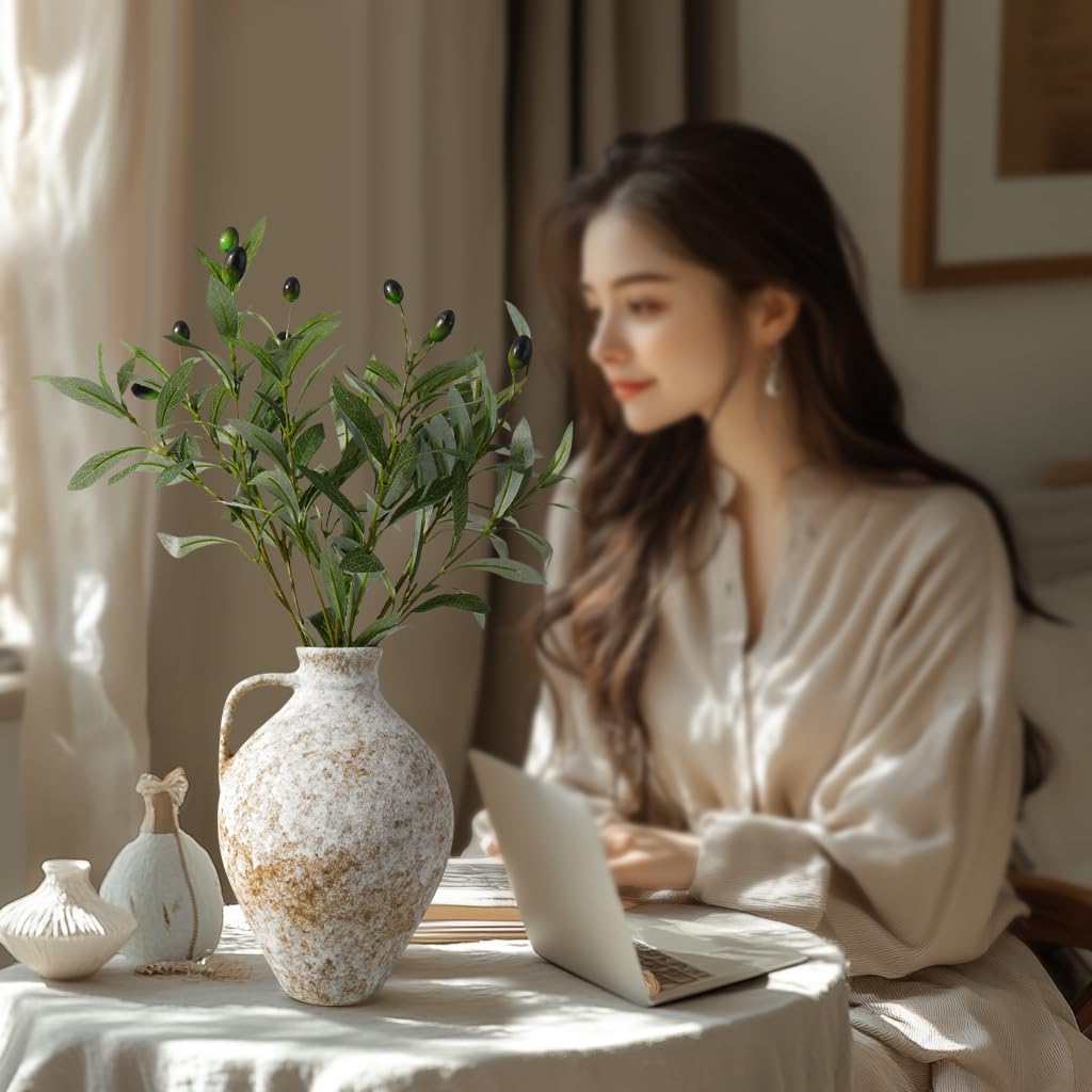 ASHELYULLA Vintage Ceramic Vase with Fake Olive Branches, Farmhouse White Vase with 2Pcs Faux Olive Plant Greenery for H