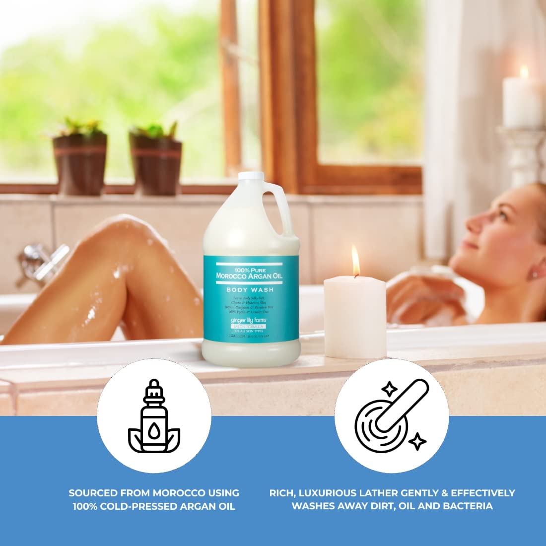 Ginger Lily Farms Argan Oil Body Wash gallon refill bottle, natural skin cleaning agent with nourishing argan oil.