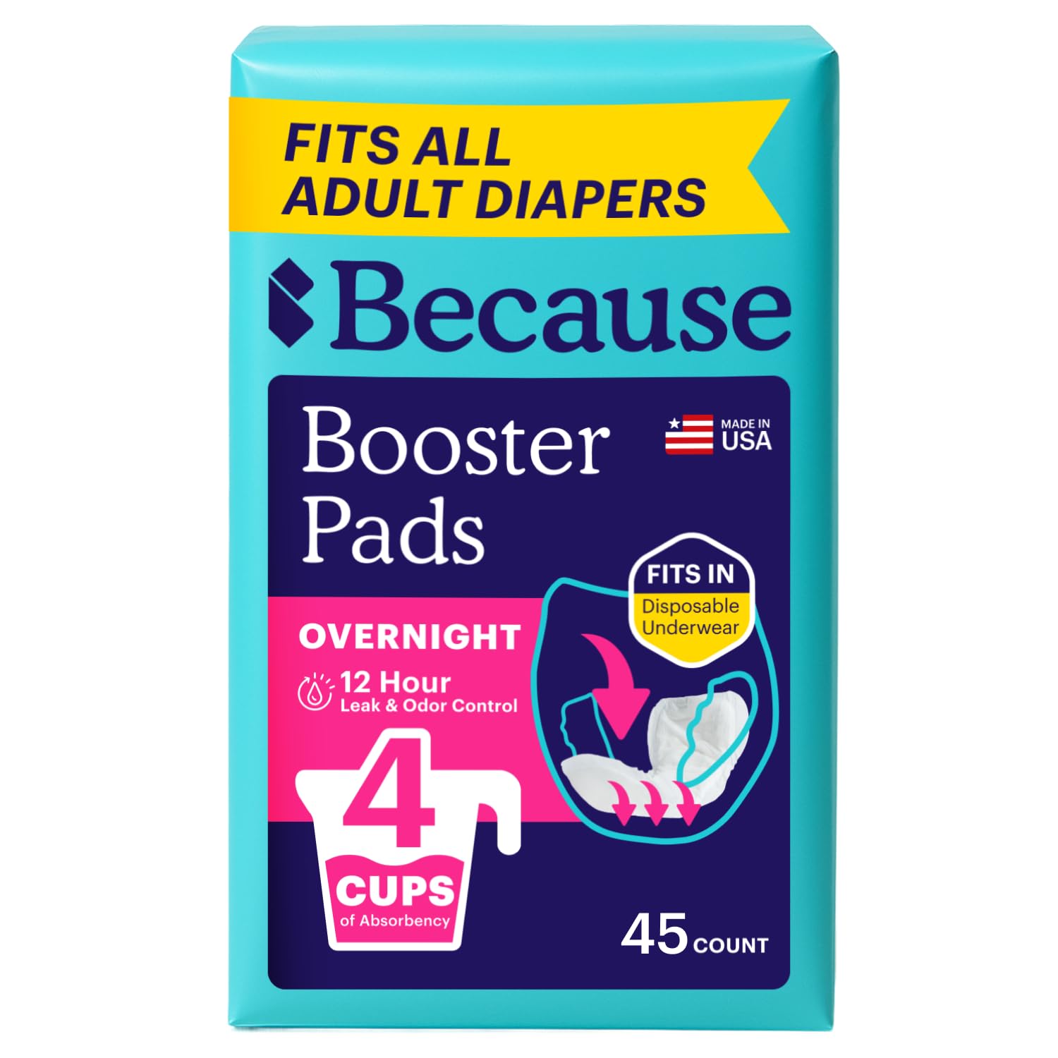 Because Overnight Booster Pads Fit All Adult Diapers, Helps Keep - Product Imagery