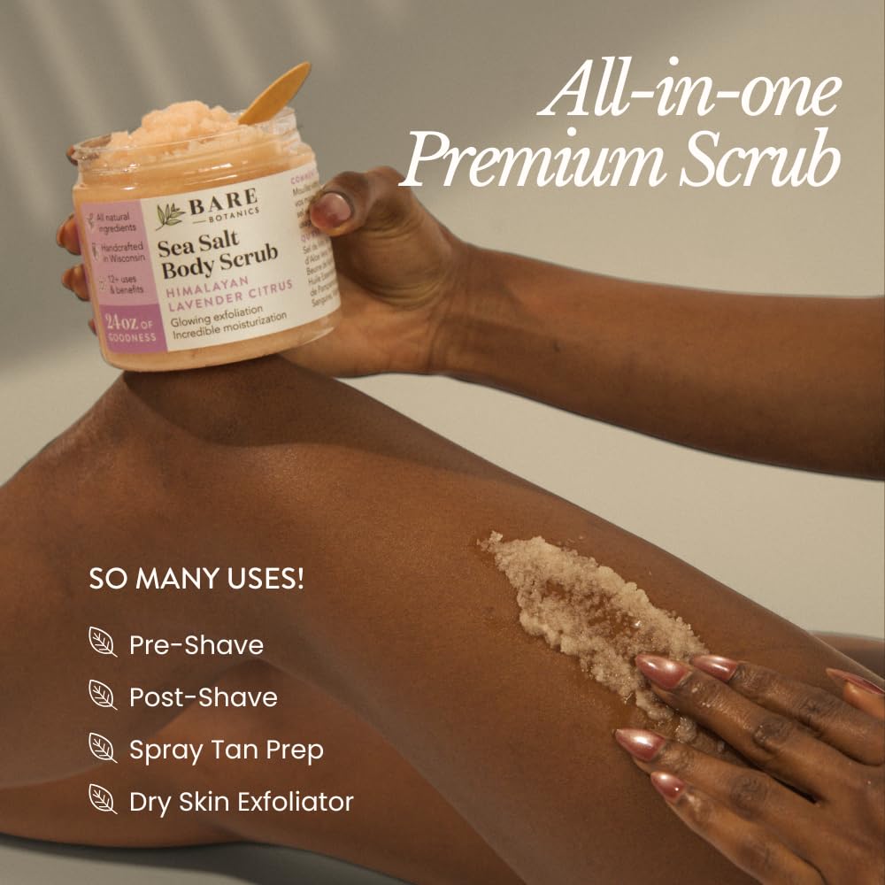 Bare Botanics 24oz Coconut Vanilla Sea Salt Body Scrub Natural Exfoliator – packaging and label
