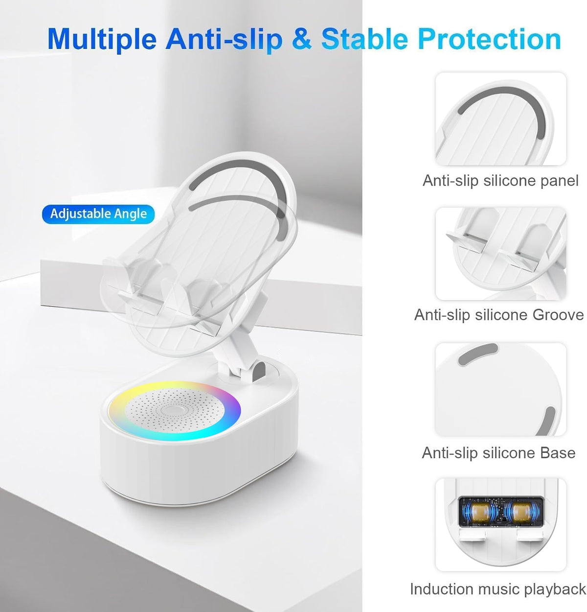 AKLLCCR Wireless Induction Audio Bluetooth Speaker 5in1 Phone Holder Emergency Rechargeable (3000mAh) with Colorful Ambi