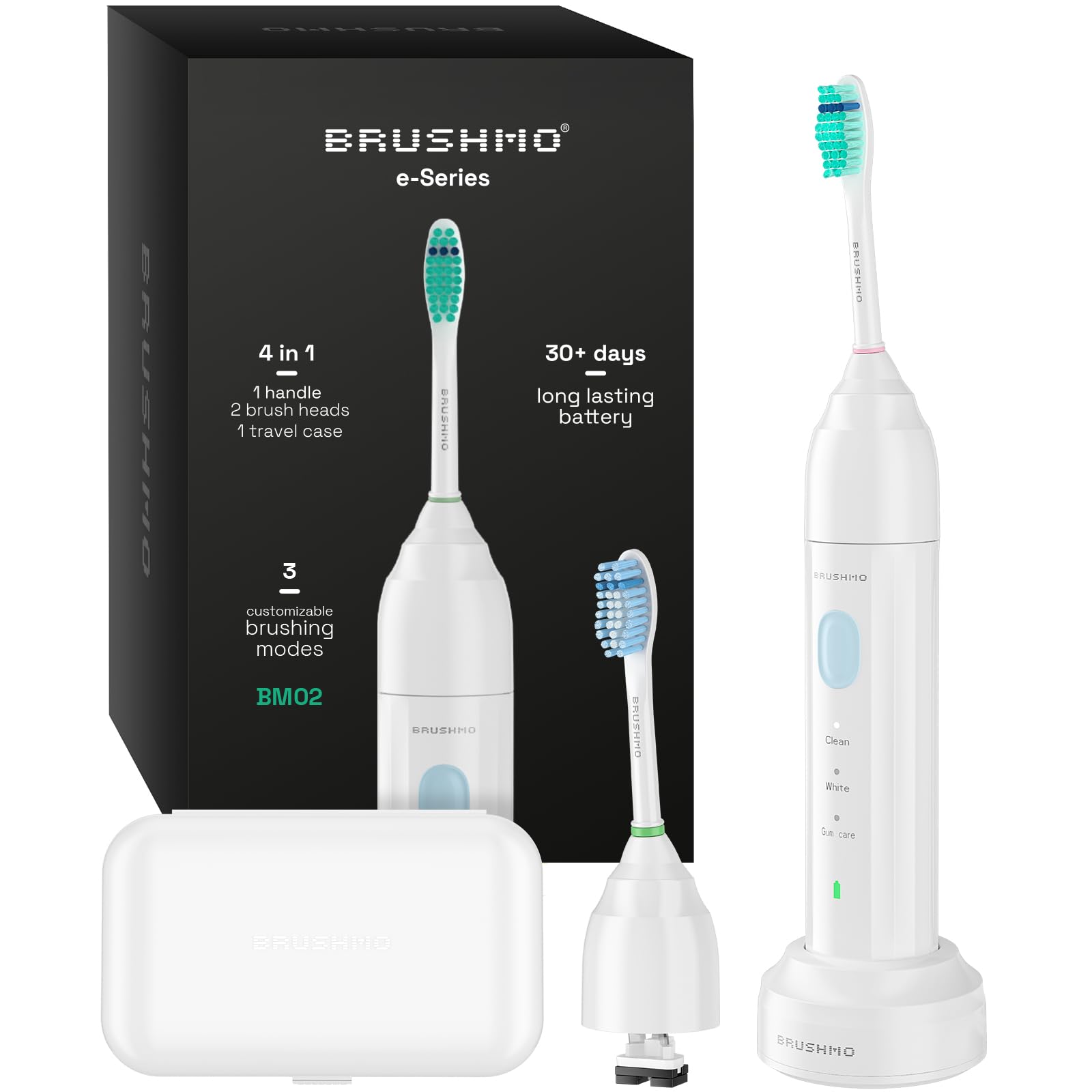 Brushmo E-Series electric sonic toothbrush head with white bristles, compatible with rechargeable toothbrush handle, designed for effective cleaning.