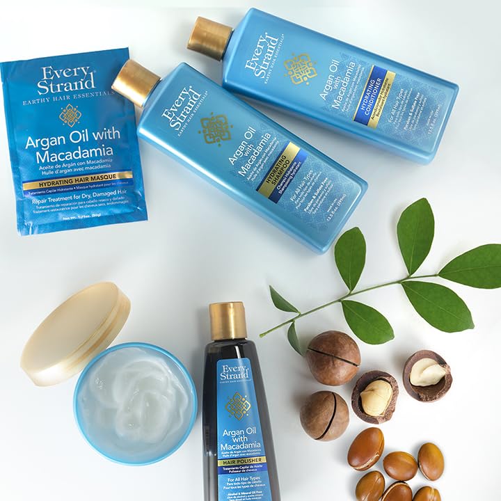 Every Strand Argan Oil with Macadamia Hydrating Hair Masque in 15 oz jar, showcasing creamy hair treatment for nourishing moisture.
