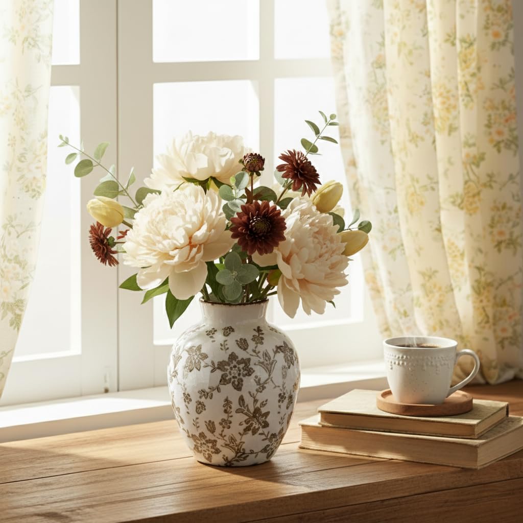 SIDUCAL Ceramic Vintage Vase, 5.83 Inch Retro Ice Cracked Chinoiserie Floral Vase, Rustic Farmhouse Vases for Home Decor