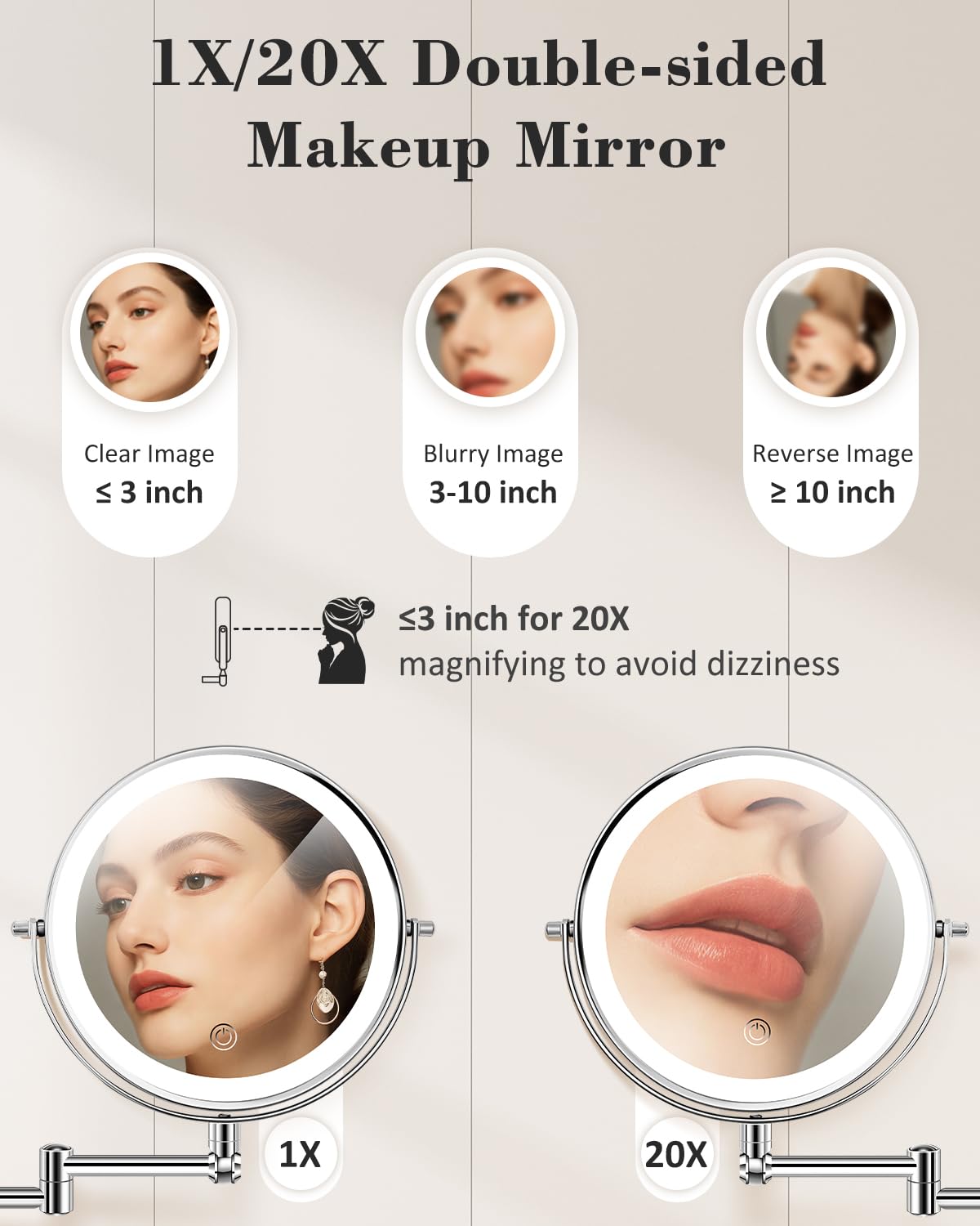 vpu 20X 9" Wall Mounted Magnifying Makeup Mirror with Light Height Adjustable – product photo (Makeup Mirrors)
