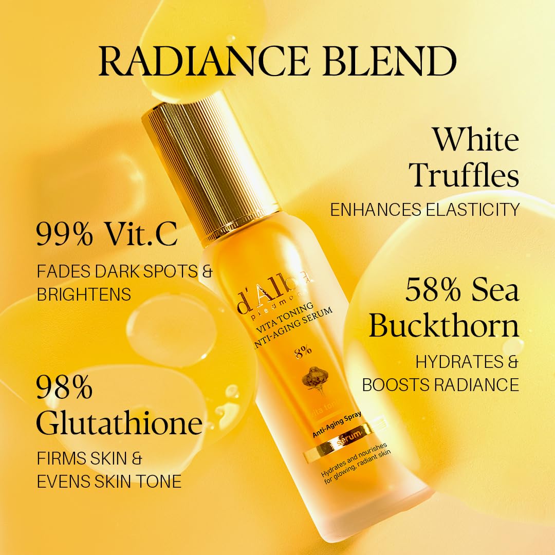 d'alba Piedmont Vita Toning Anti-Aging Skin Serum bottle, 2.37 fl oz, featuring a sleek design and the product label visible.