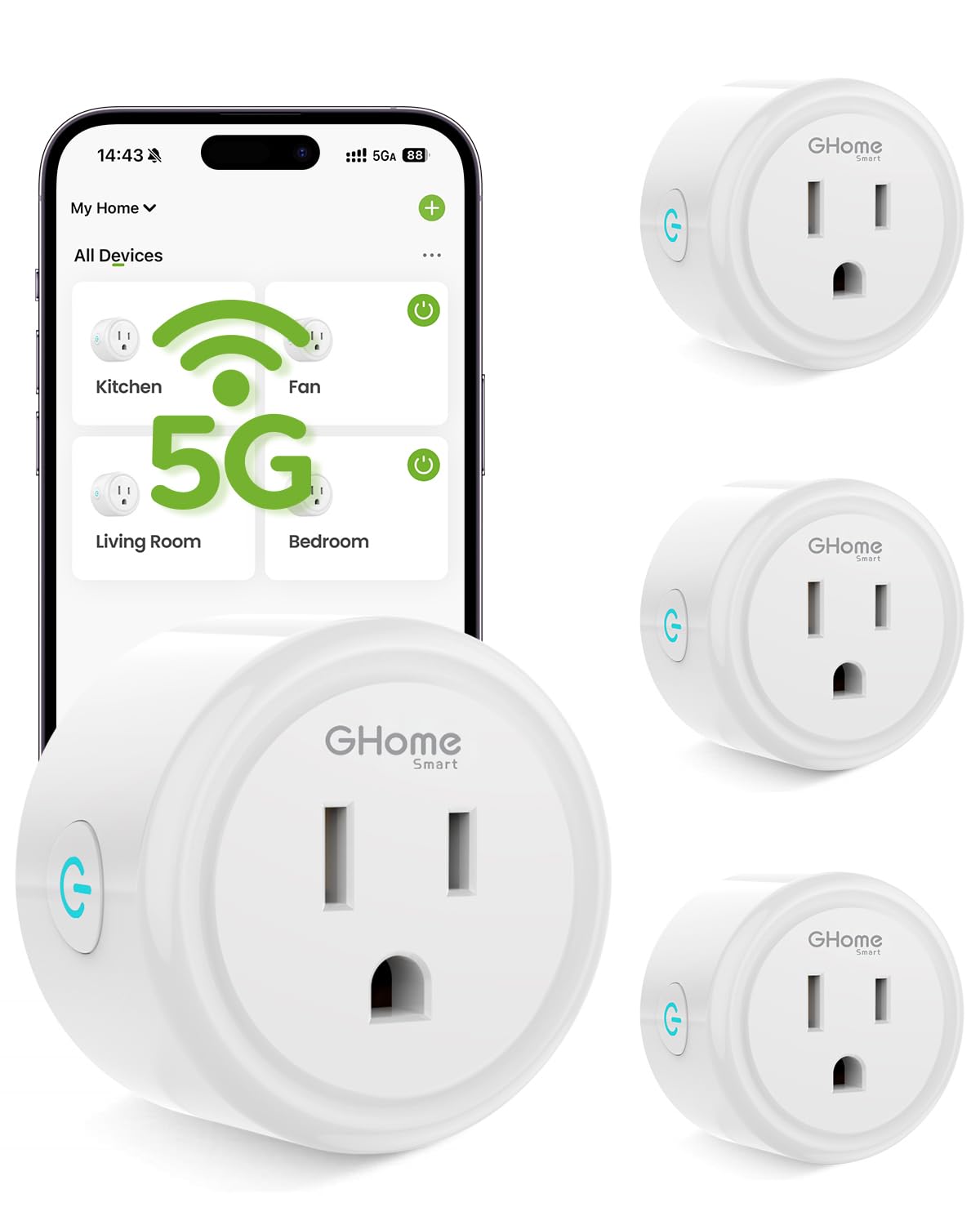 GHome Smart 5G 15A WiFi Smart Plug Compatible with Alexa and Google Home, Outlet Timer Smart Home WiFi Outlet Timer with