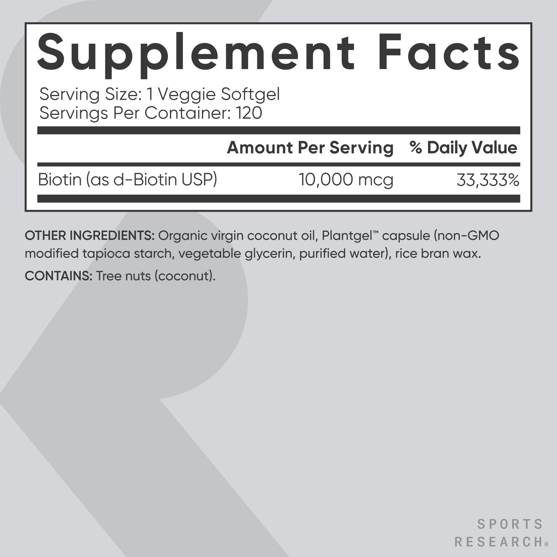 Sports Research® Biotin 10,000mcg w/Coconut Oil, 120 Count Plantgels™