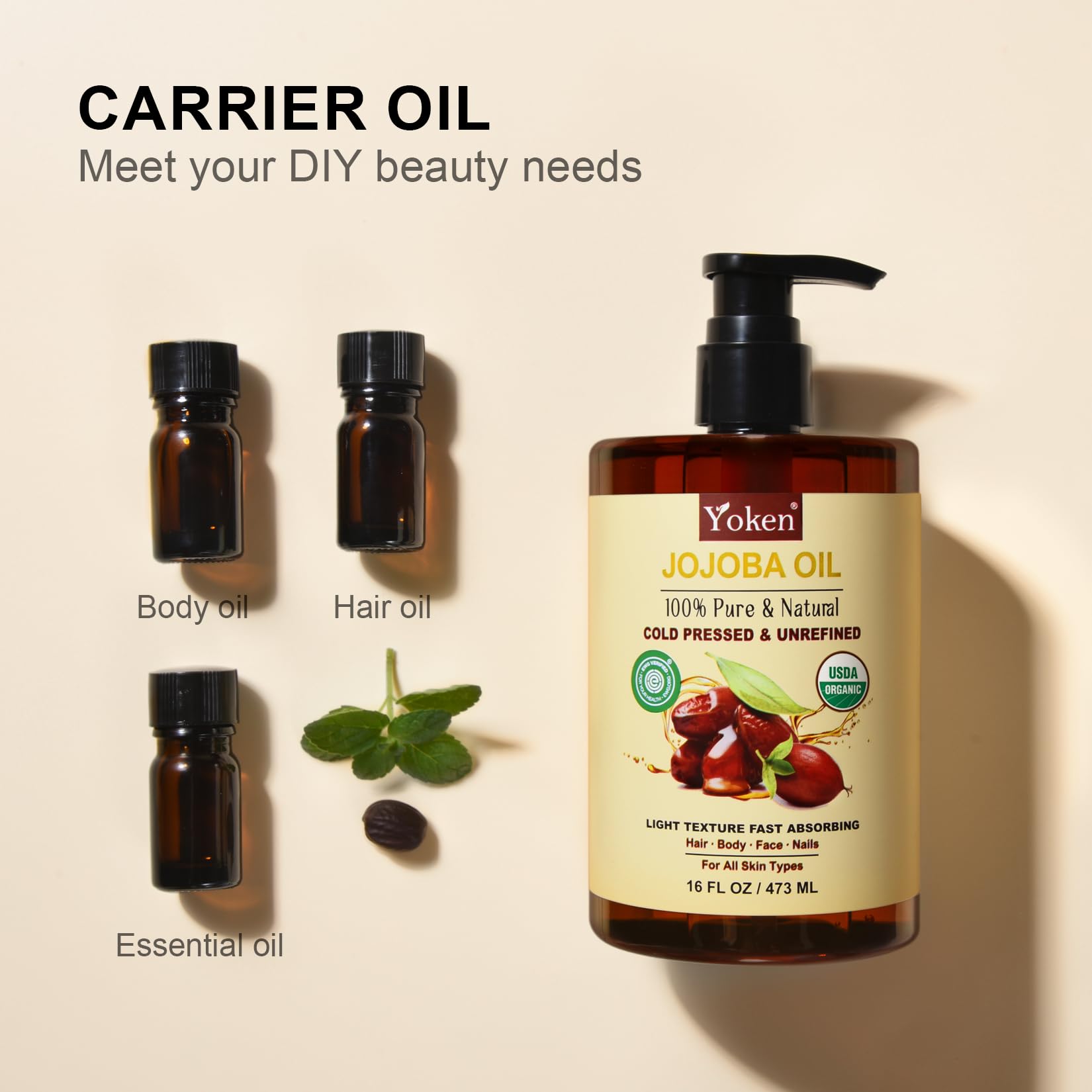 Yoken Organic Jojoba Oil USDA Certified Cold Pressed 16oz