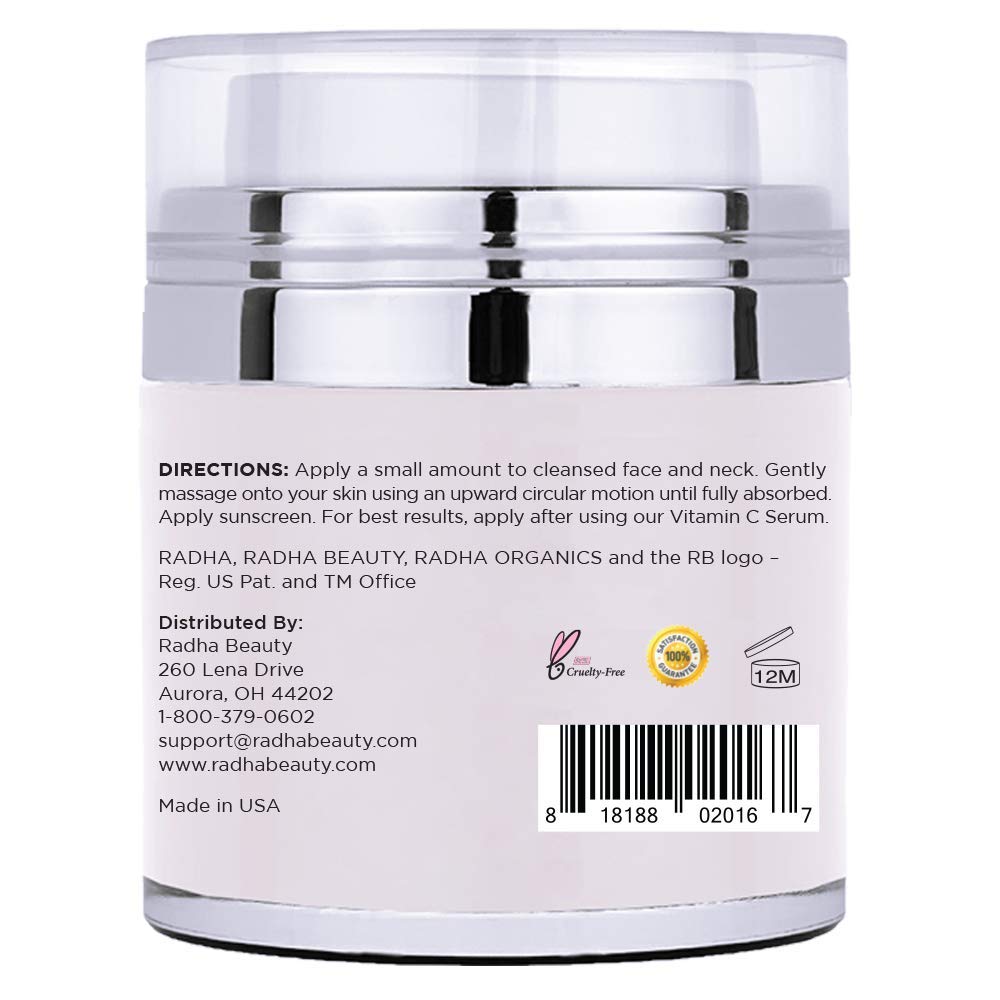 Radha Beauty moisturizing retinol face cream with hyaluronic acid, vitamin E, and green tea in a 1.7 fl oz jar.