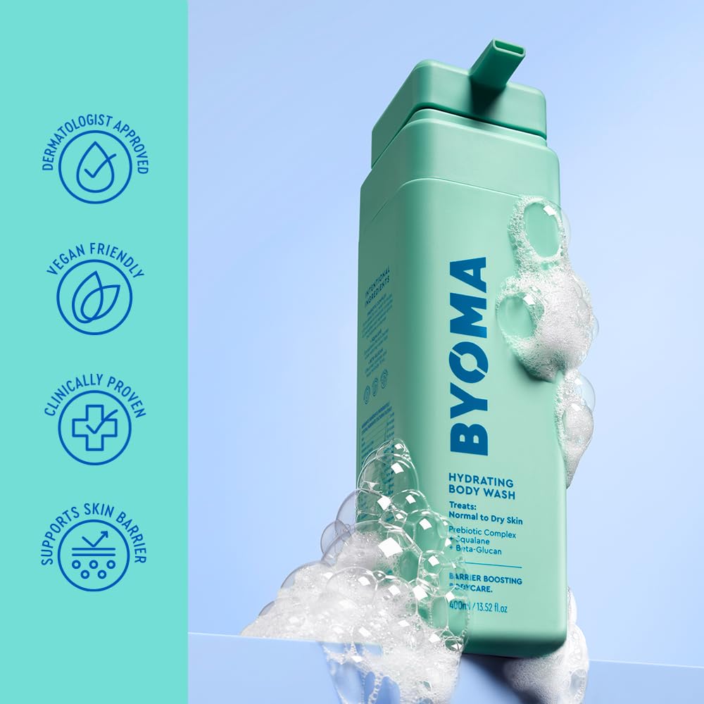 BYOMA Hydrating Body Wash, a skin cleaning agent with moisturizing ingredients, shown in a clear bottle with a white cap.