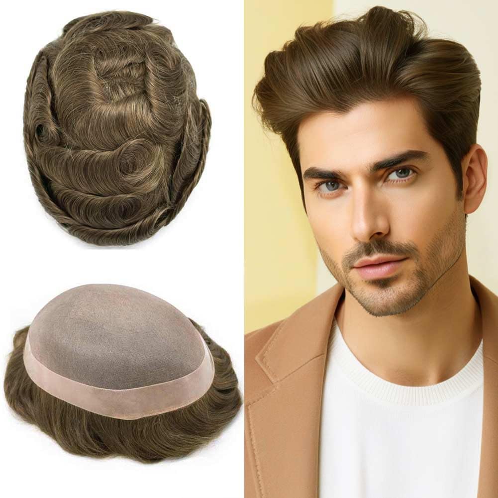 Curve Hair Mens Toupee Human Hair Piece Replacement System Monofilament Wig Hair Unit for Men Durable Poly Coated Mens Hairpiece (#18 Medium Blonde, 6"X9")