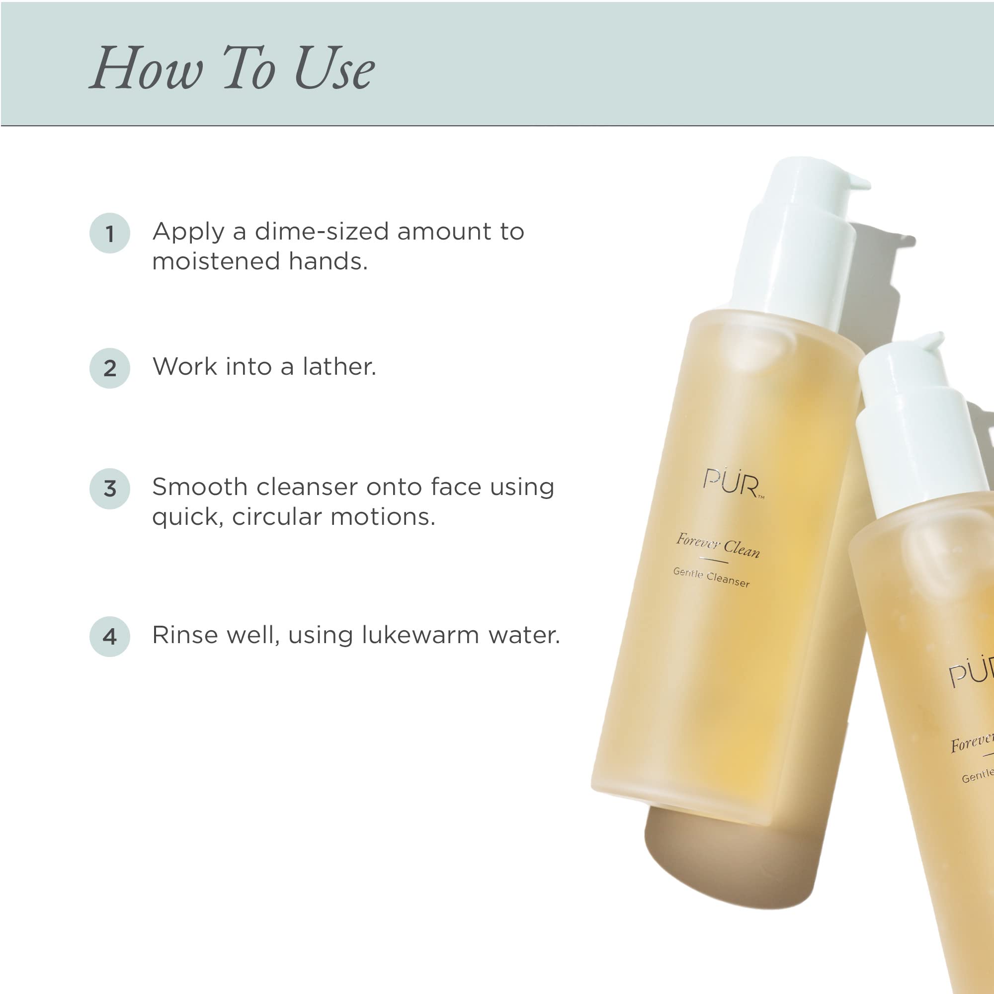 PÜR MINERALS Forever Clean Gentle Facial Cleanser with Blue Light Defense, showing the clear gel formula in a pump bottle.