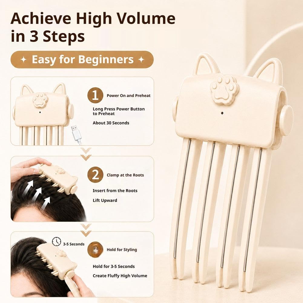 Generic heated root volumizer clip with USB recharge, 2 heat settings, cordless design, quick touch-up for hair volume.
