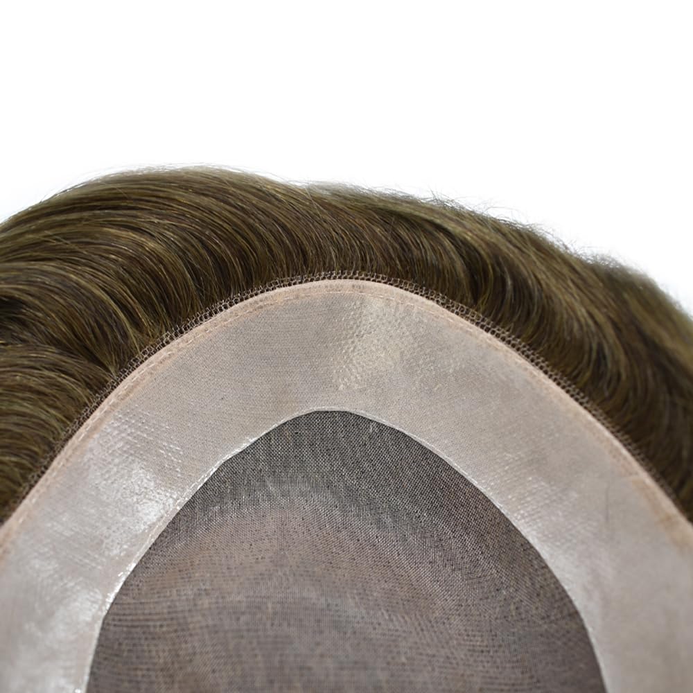 Curve Hair Mens Toupee Human Hair Piece Replacement System Monofilament Wig Hair Unit for Men Durable Poly Coated Mens Hairpiece (#7 Very Light Brown, 7"X9")