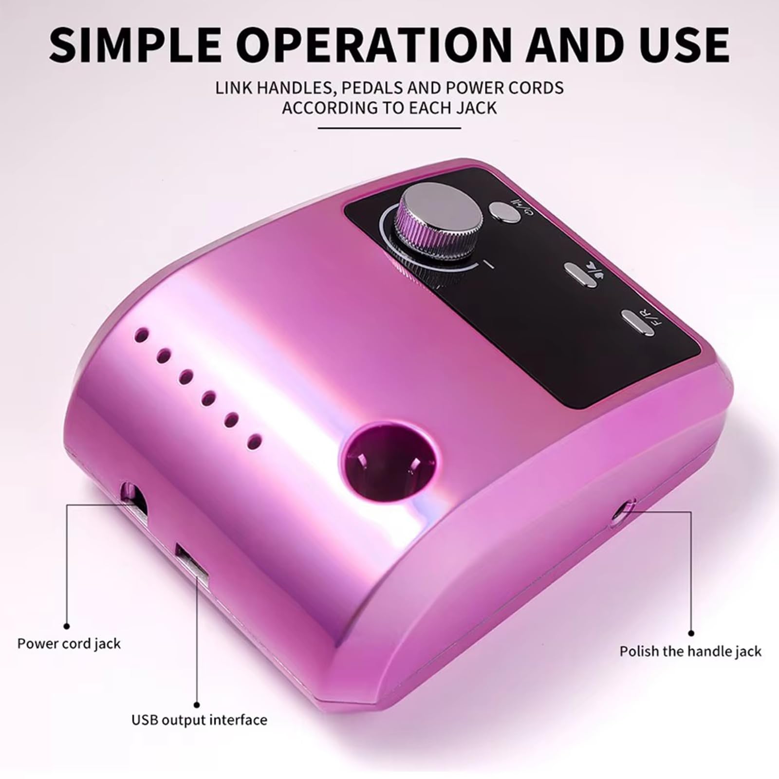 Generic multifunctional desktop nail drill with foot pedal, 45000RPM E-File, and attached bit for manicures and pedicures.