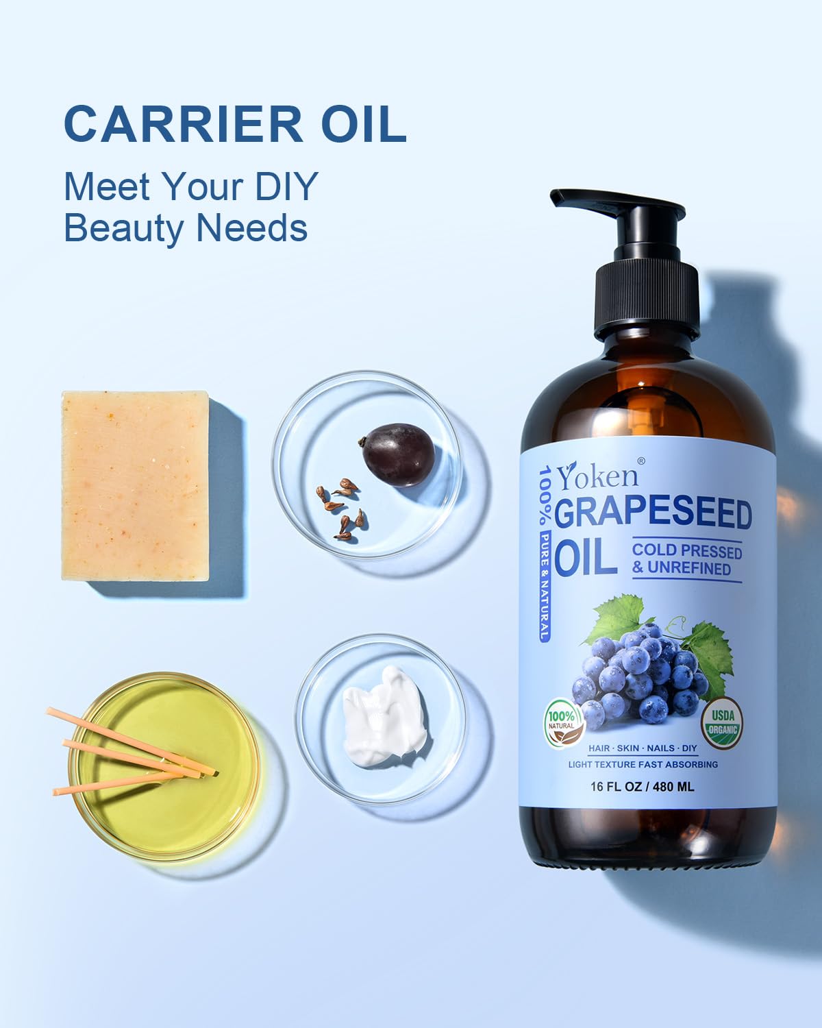 Yoken Organic Grapeseed Oil 16 oz Glass Bottle, Cold Pressed Carrier Oil