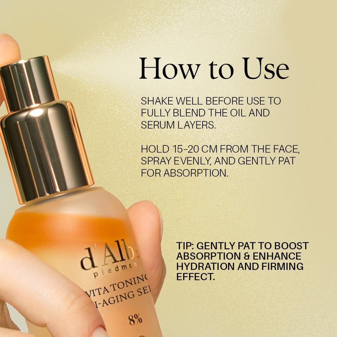 d'alba Piedmont Vita Toning Anti-Aging Spray Serum in 2.37 fl oz bottle, featuring a clear dispenser and sleek design