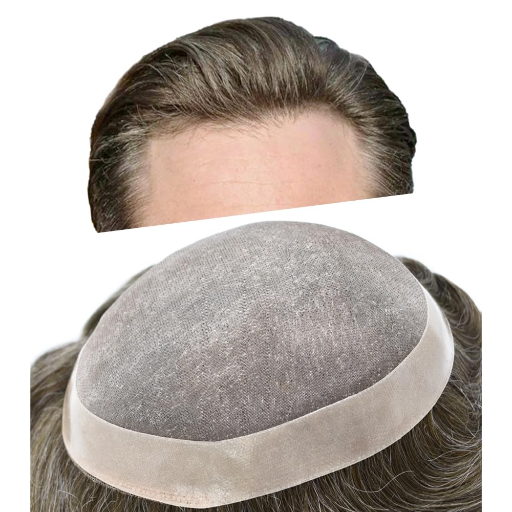 Curve Hair men's toupee wig with light brown and gray human hair, monofilament base, 7x9 inches, durable poly coating.