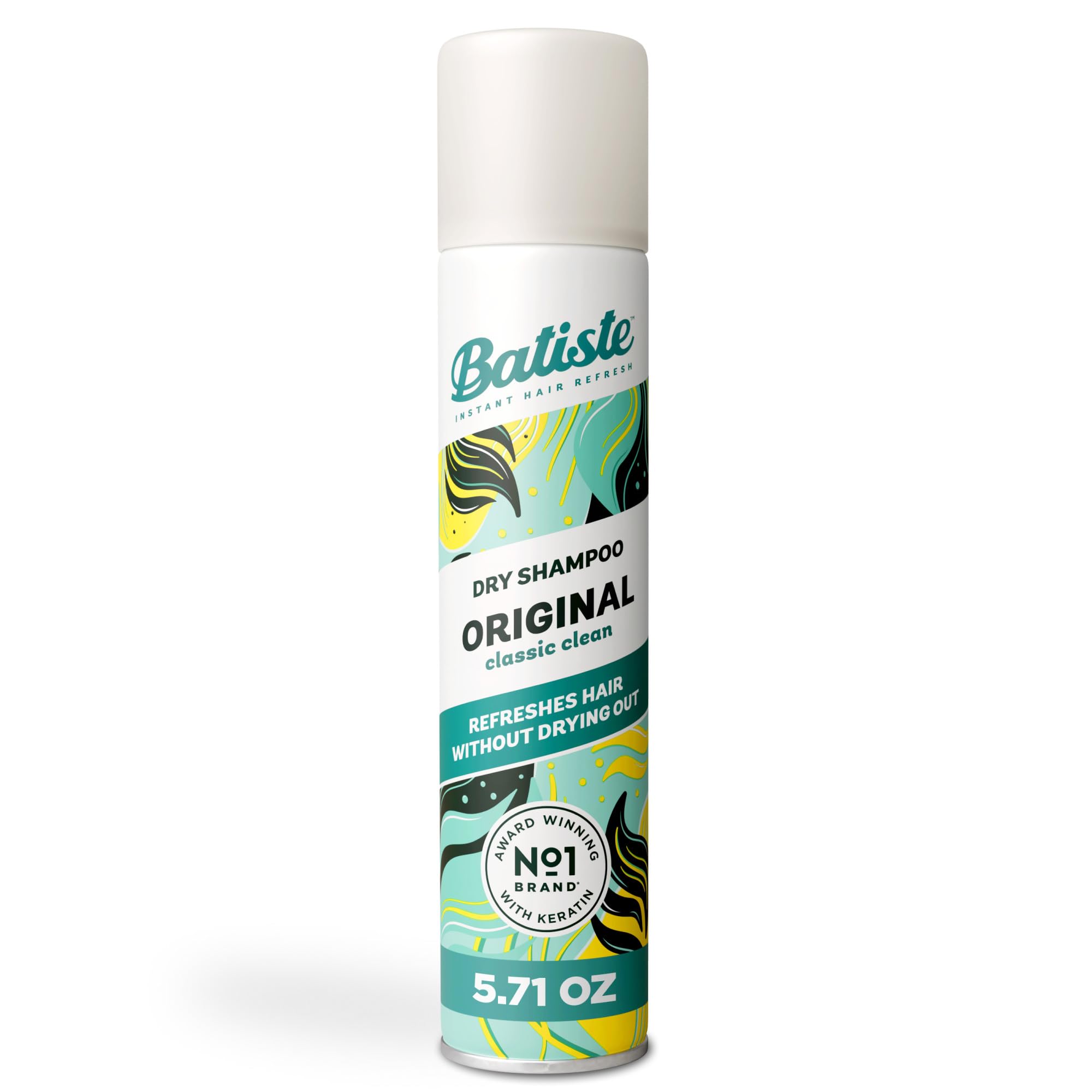 Batiste Dry Shampoo in original classic clean scent, 5.71 oz, with a spray bottle showing the product ready to refresh hair.