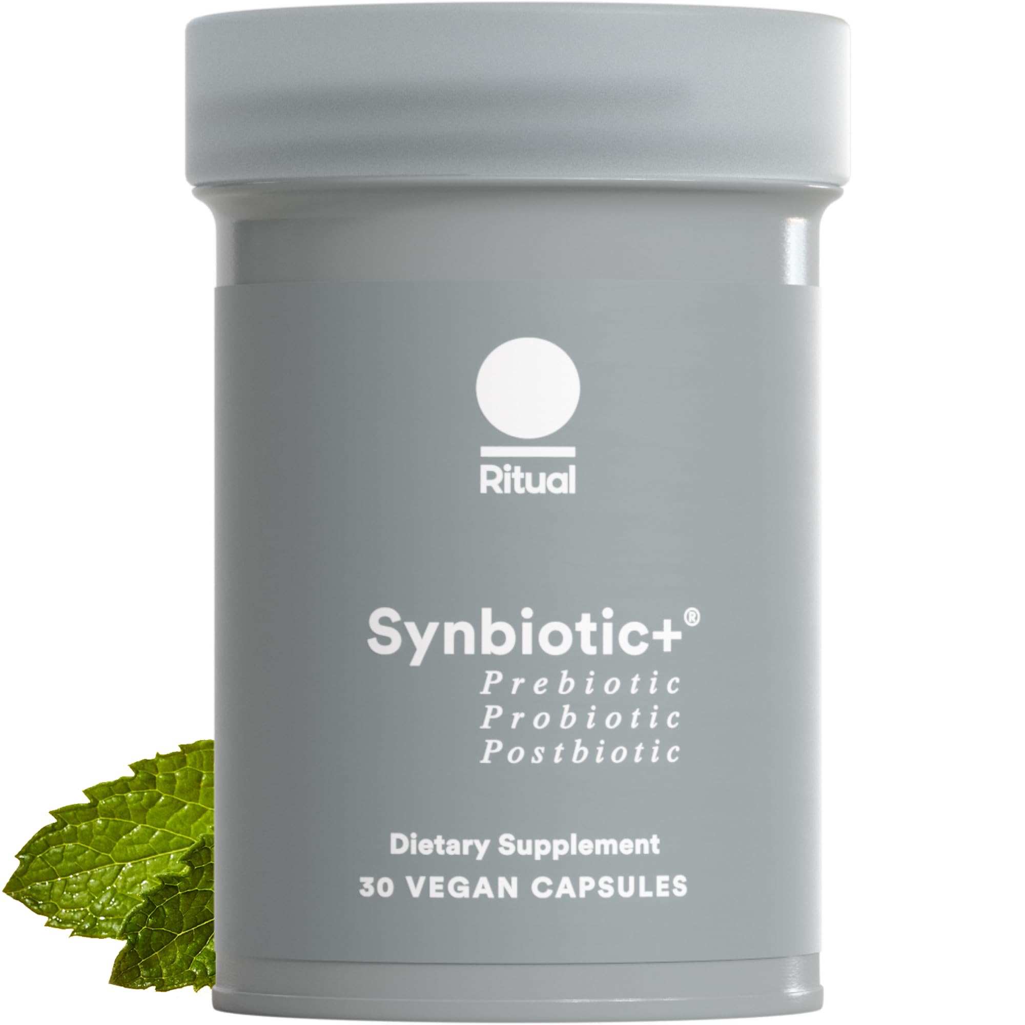 Ritual Synbiotic+ probiotic, prebiotic, and postbiotic supplement bottle with capsules, natural dietary health product.
