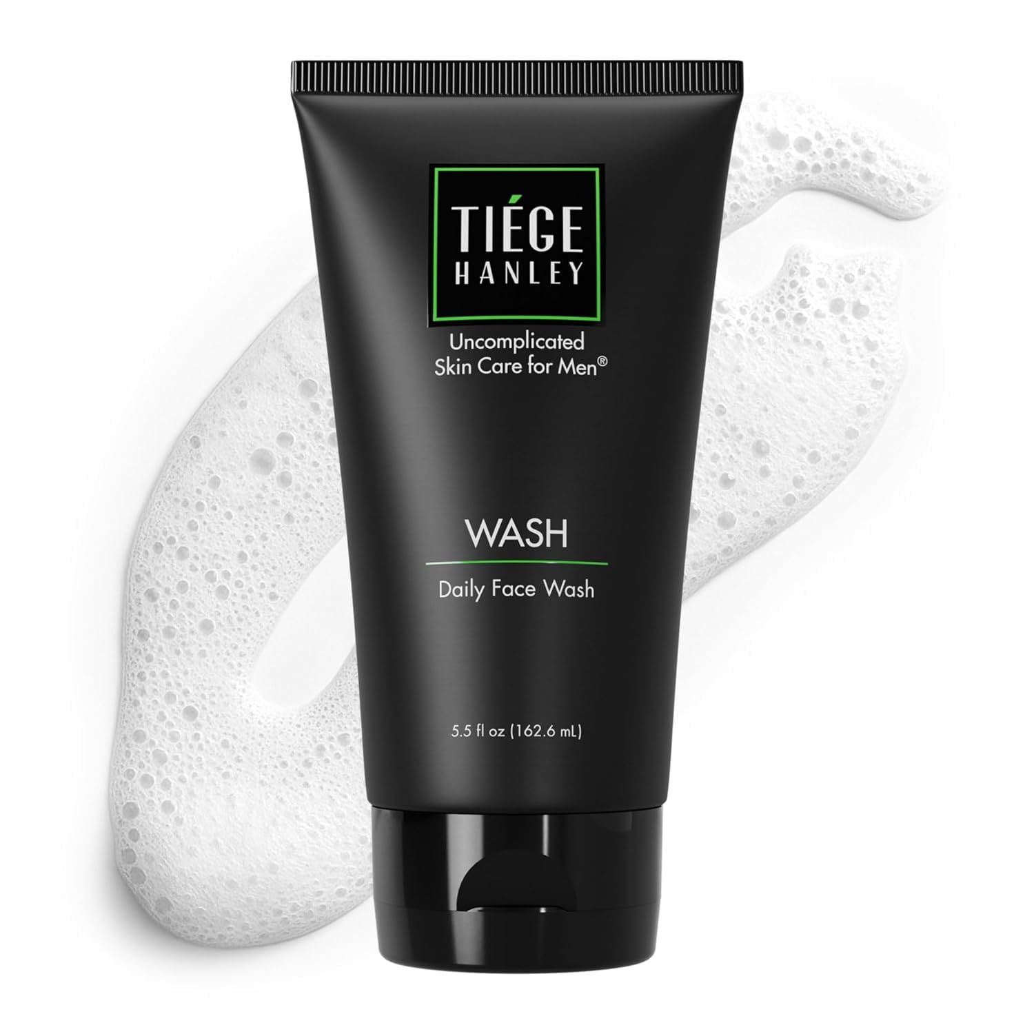 Tiege Hanley Daily Face Wash for Men, fragrance-free skin cleaning agent, 5.5 fl oz bottle with clear liquid and pump dispenser