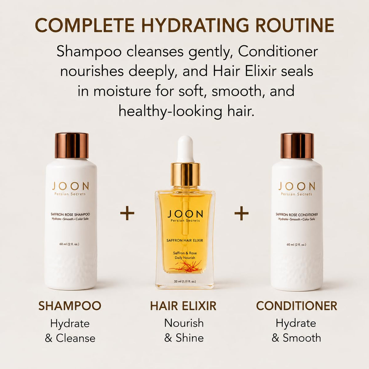 Joon Saffron Rose Hydrating Set | Shampoo | Conditioner | Elixir | Gift Set – full view