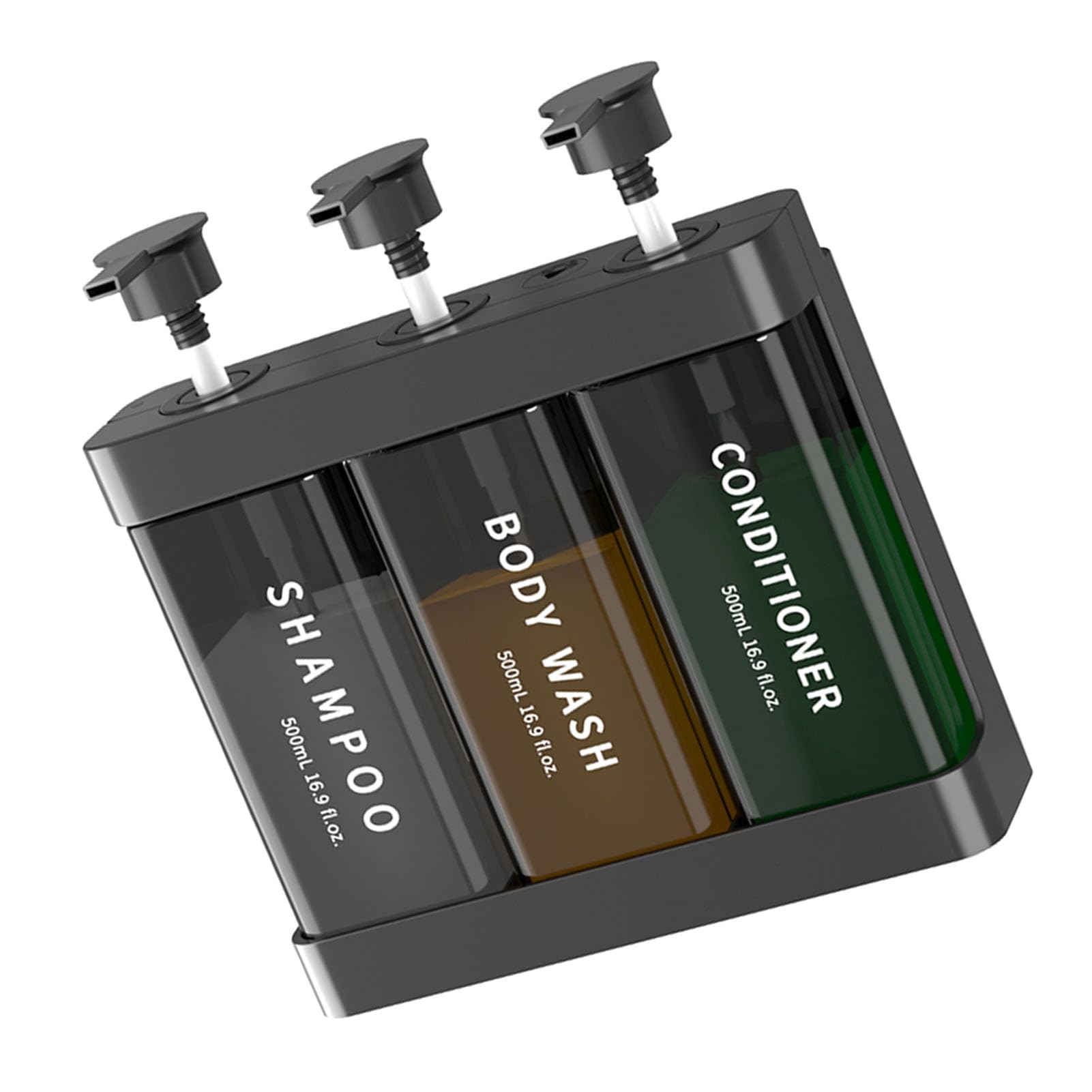 Omabeta dark gray refillable soap dispenser with a 3-chamber design and pump, suitable for desktop or wall mounting, 500ml capacity.