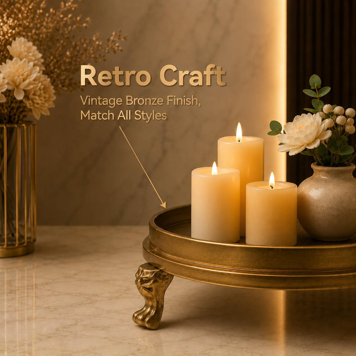 OOGKA Vintage Brass Clawfoot Tray, Round Pedestal Candle Holder and Jewelry Dish – packaging and label