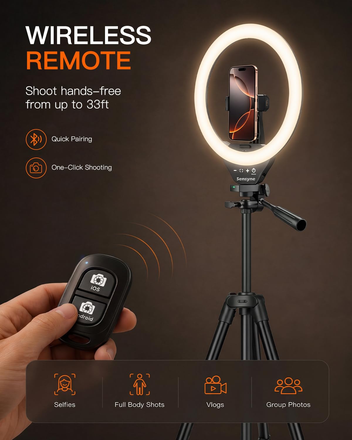 SENSYNE Ring Light with Stand, 50" Phone Tripod with Wireless Remote – alternate angle