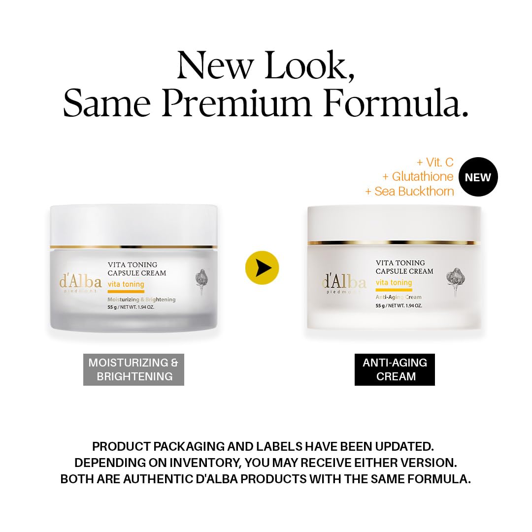 d'alba Piedmont Vita Toning Capsule Cream face moisturizer jar, 1.94 oz, with a smooth, creamy texture and elegant packaging.