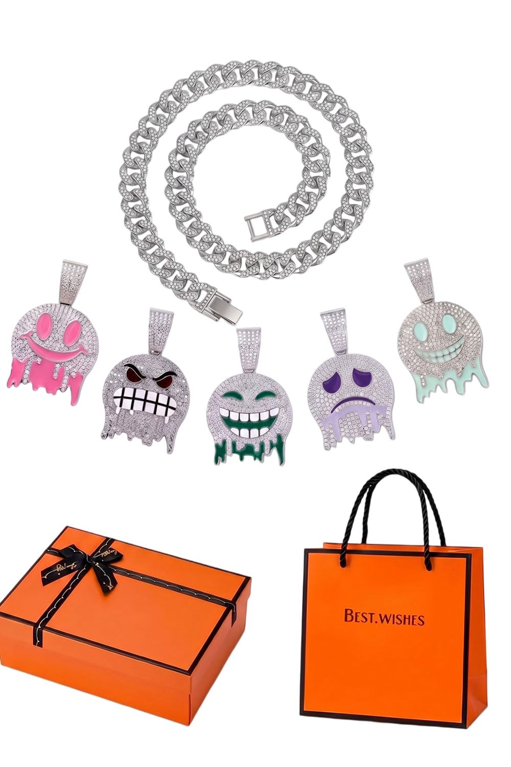 RFCAW 5-in-1 Interchangeable Mood Pendant Necklace Set, Iced Out Dripping Face Enamel Charms with Cuban Link Chain, Hip 