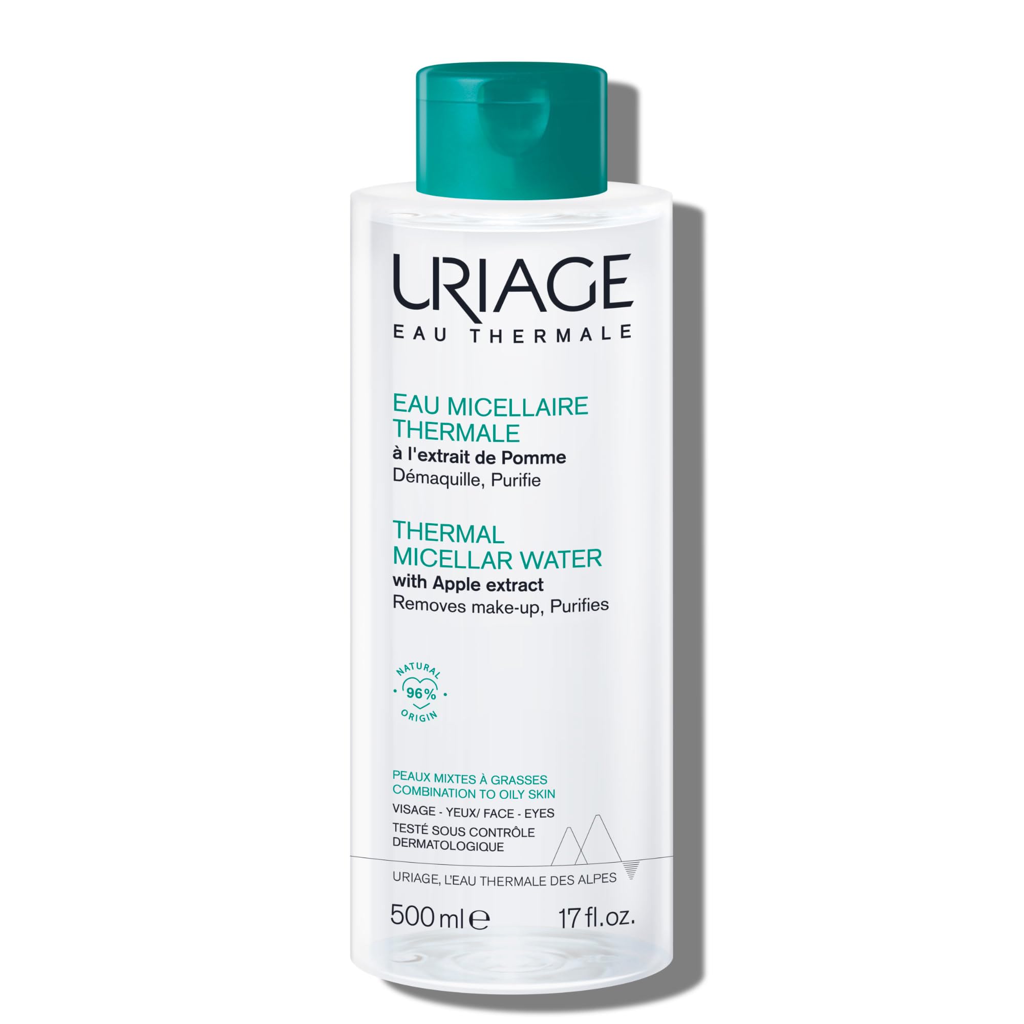 Uriage Micellar Water for combination and oily skin in a 250ml bottle, gentle skin cleaning agent with cleansing and refreshing properties.