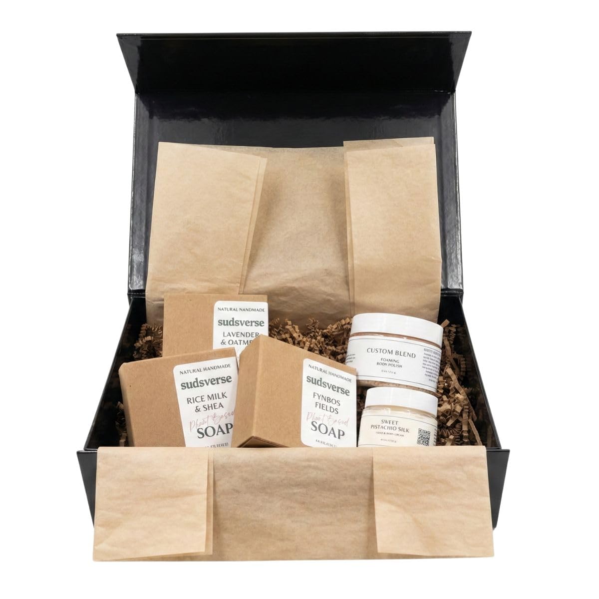 sudsverse Golden Rituals Premium Spa Gift Set | 3 Handmade Soaps, Custom Foaming Body Polish, Hand & Body Cream | Made i