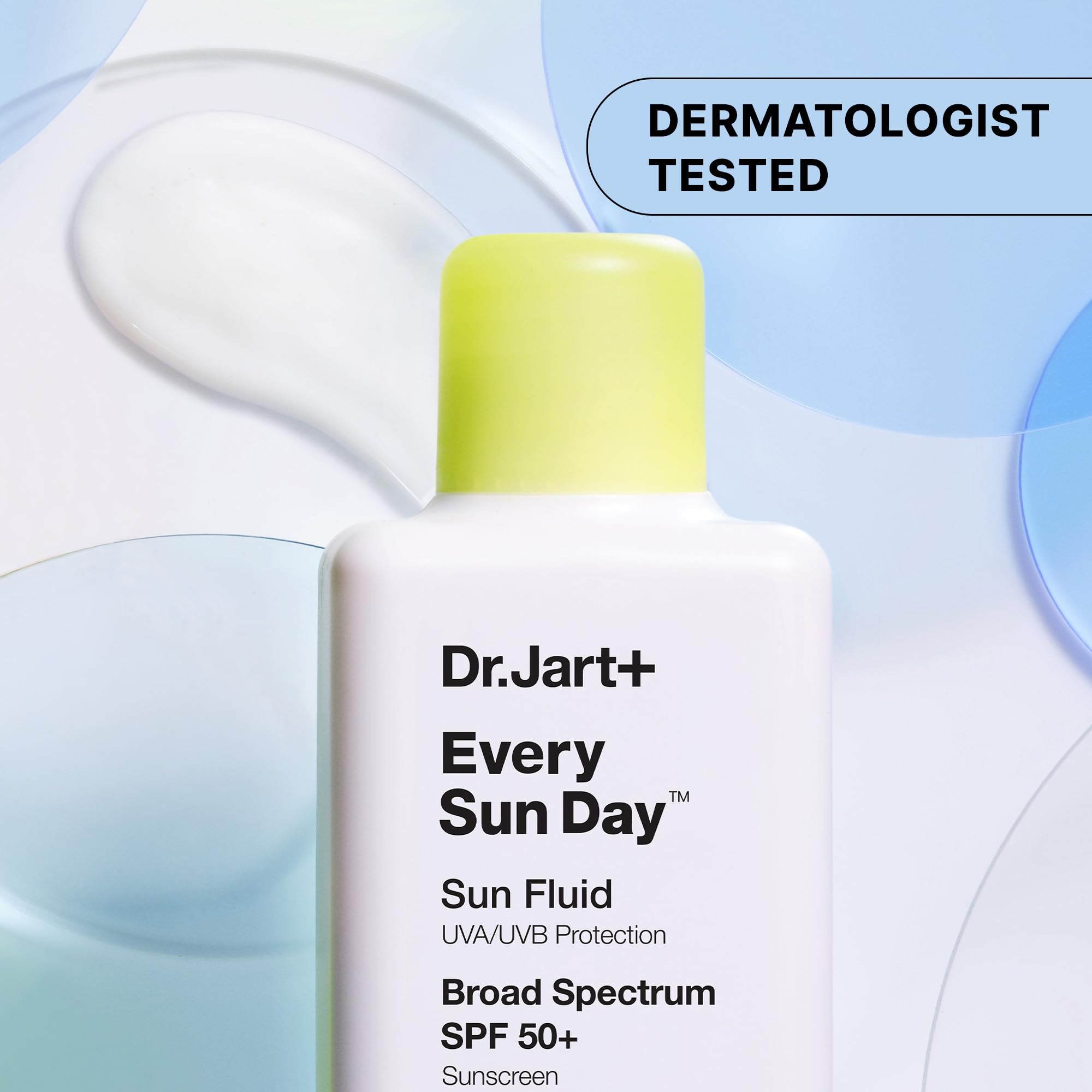 Dr.Jart+ Every Sun Day Sun Fluid Korean sunscreen SPF 50+ in a 3.38 fl oz bottle, designed for facial skin protection.