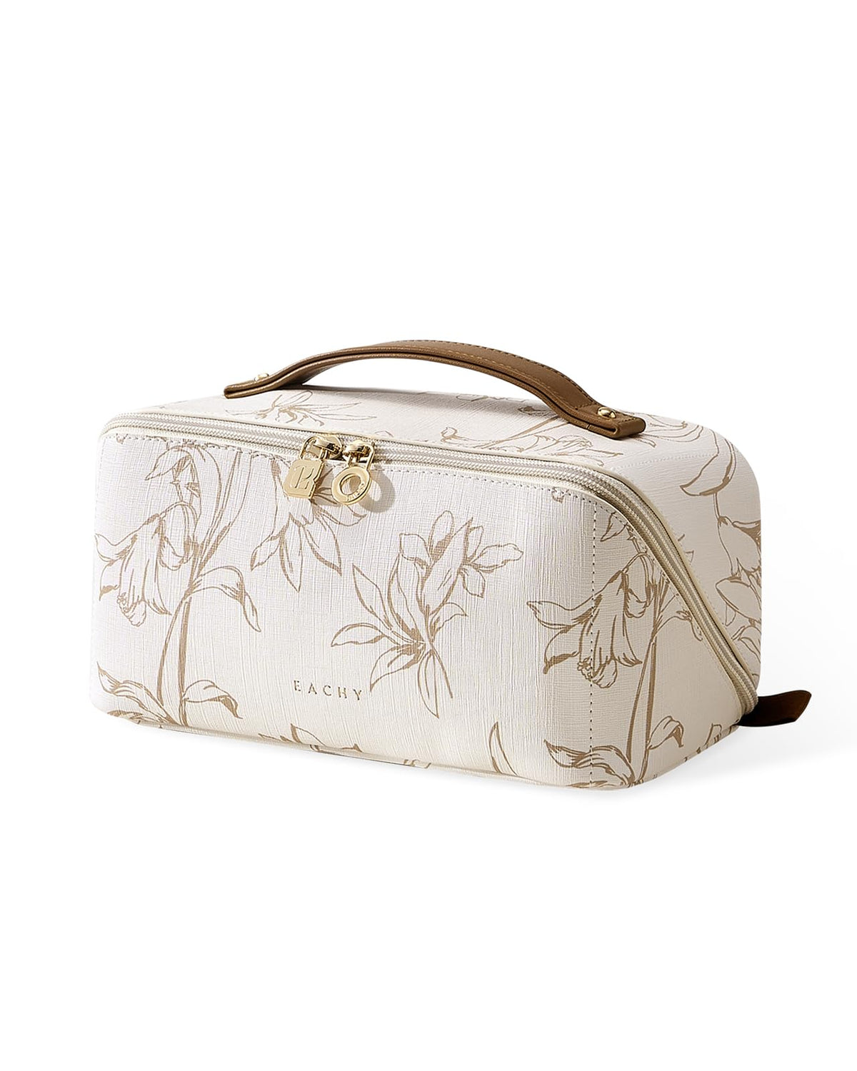 EACHY Travel Makeup Bag, Floral Cosmetic Bag for Women, Beige, Medium – AA-Beige, Polyester