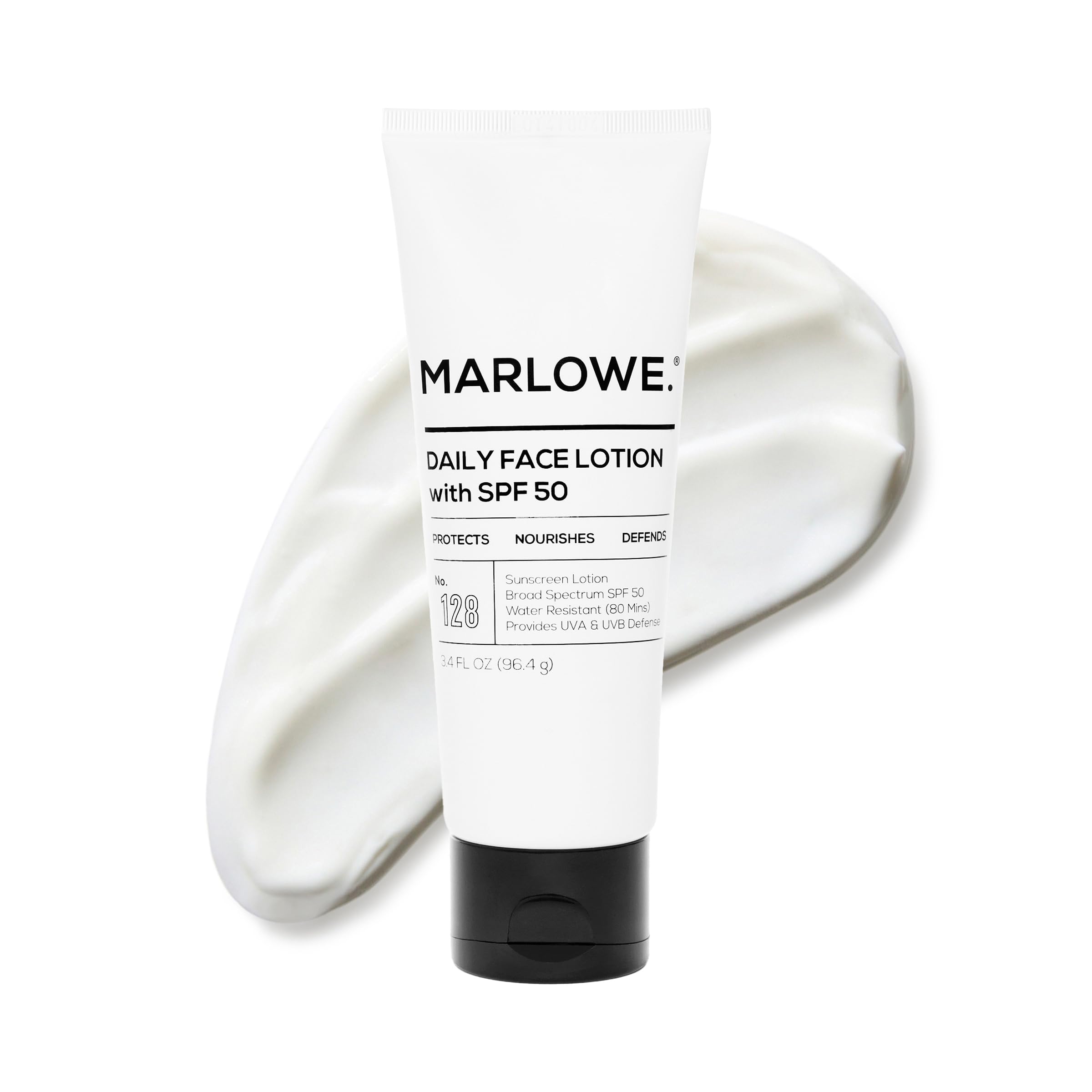 MARLOWE face moisturizer with SPF 50, daily sunscreen lotion in 3.4 oz bottle, hydrating skin protection with broad-spectrum SPF