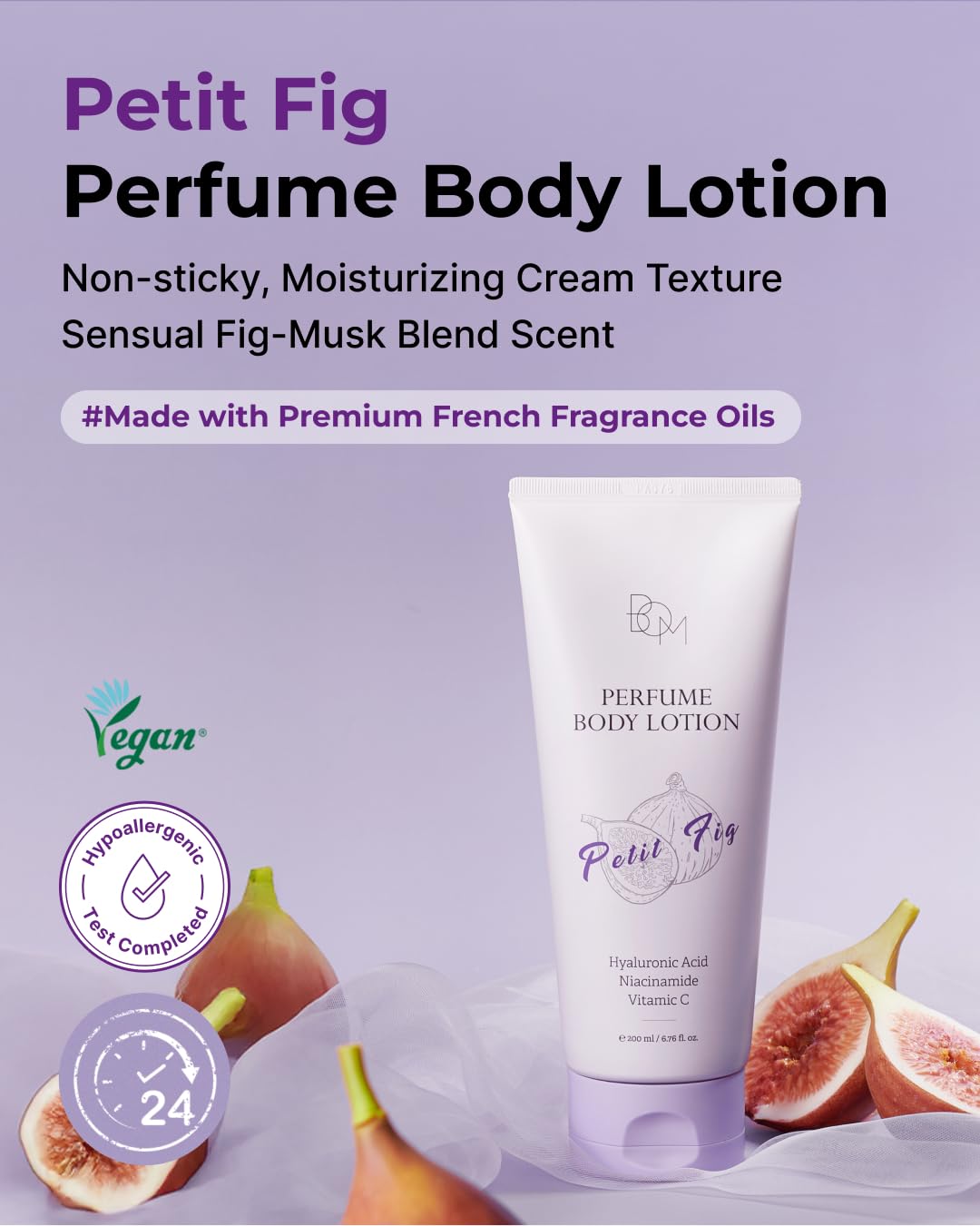 BOM Petit Fig Perfume Body Lotion 6.76 Fl Oz, Fig Scented Body Cream with Hyaluronic Acid, Niacinamide & Vitamin C, Long