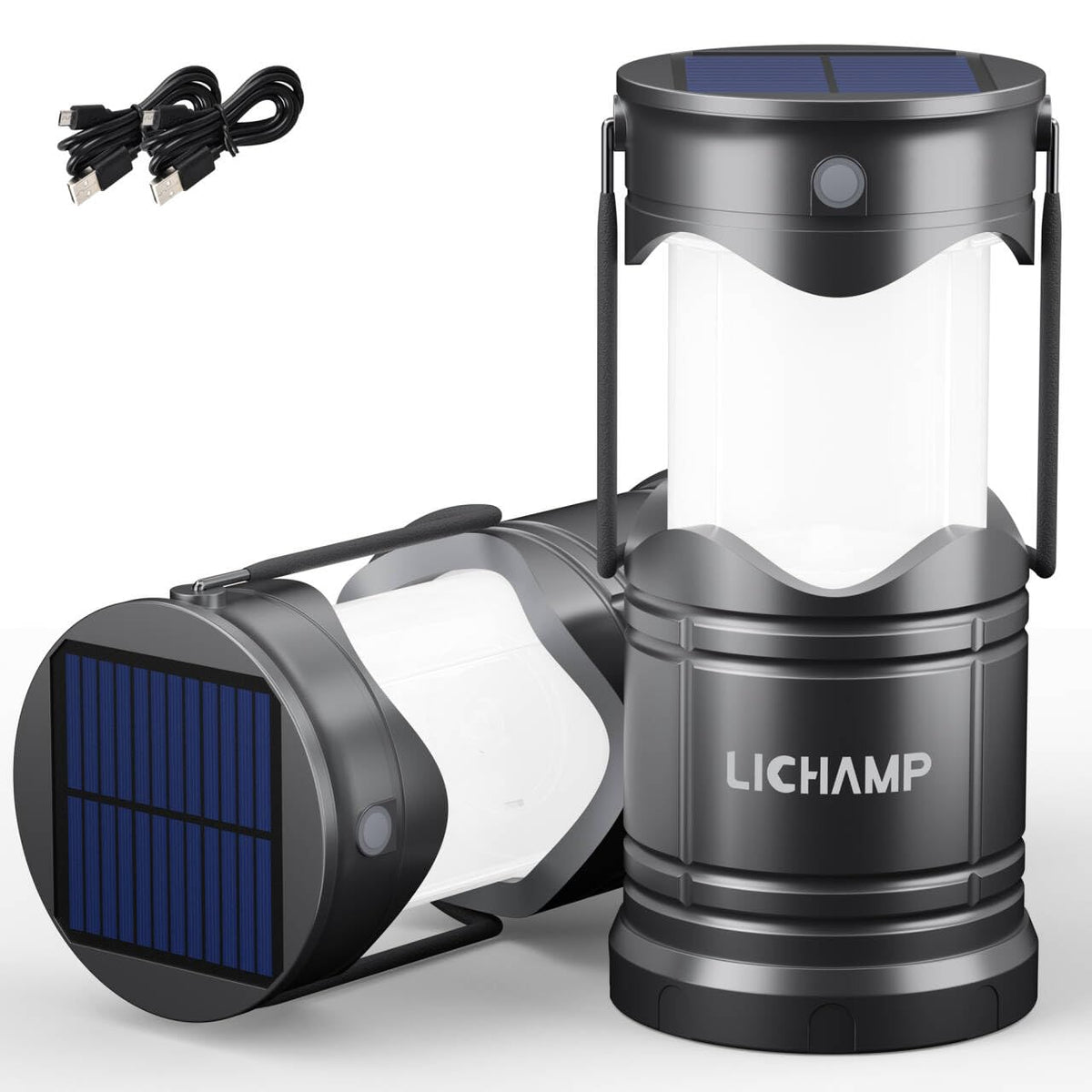 Lichamp 2-Pack Solar Camping Lantern, USB Rechargeable LED Lanterns Battery Powered Pop Up Flashlight Lamps with Three M